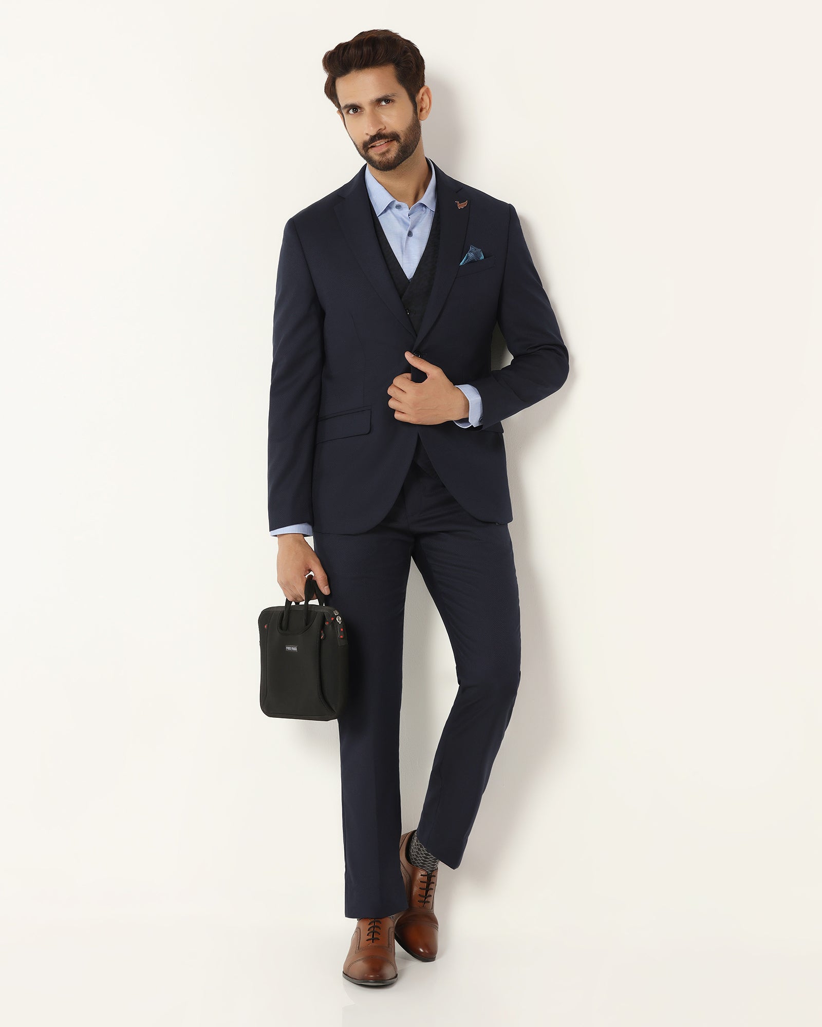 Luxe Three Piece Navy Textured Formal Suit - Garcia