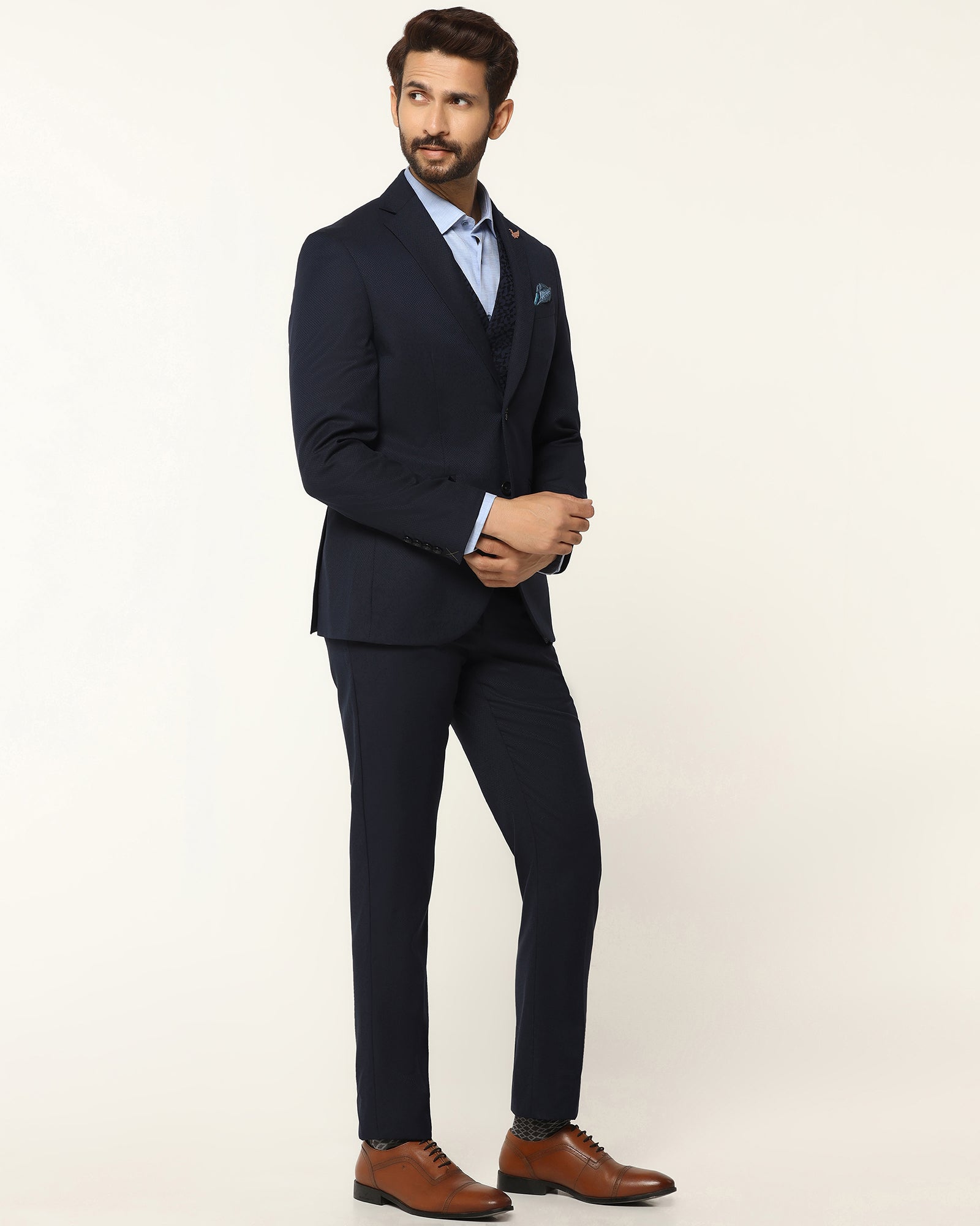 Luxe Three Piece Navy Textured Formal Suit - Garcia