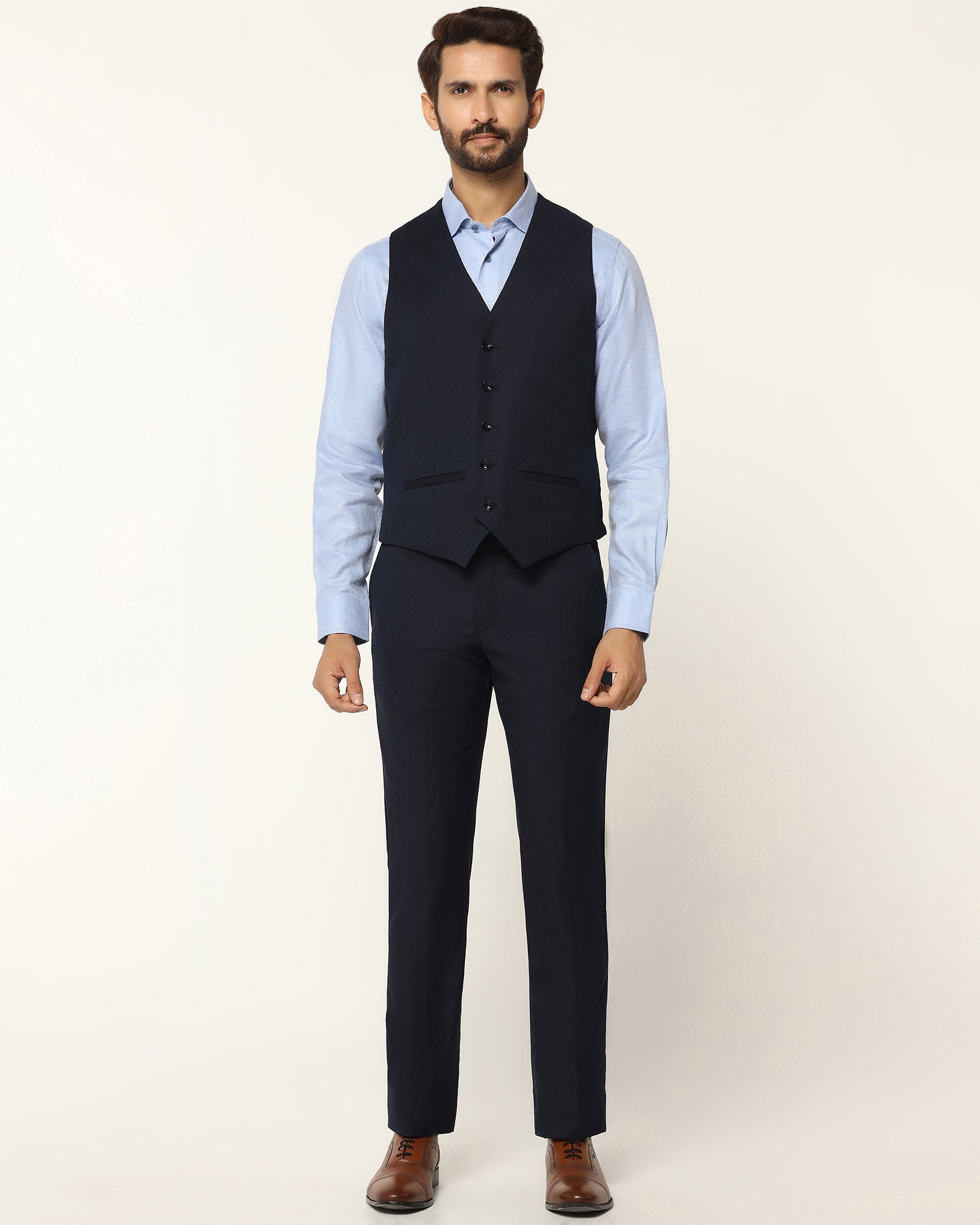 Luxe Three Piece Navy Textured Formal Suit - Garcia