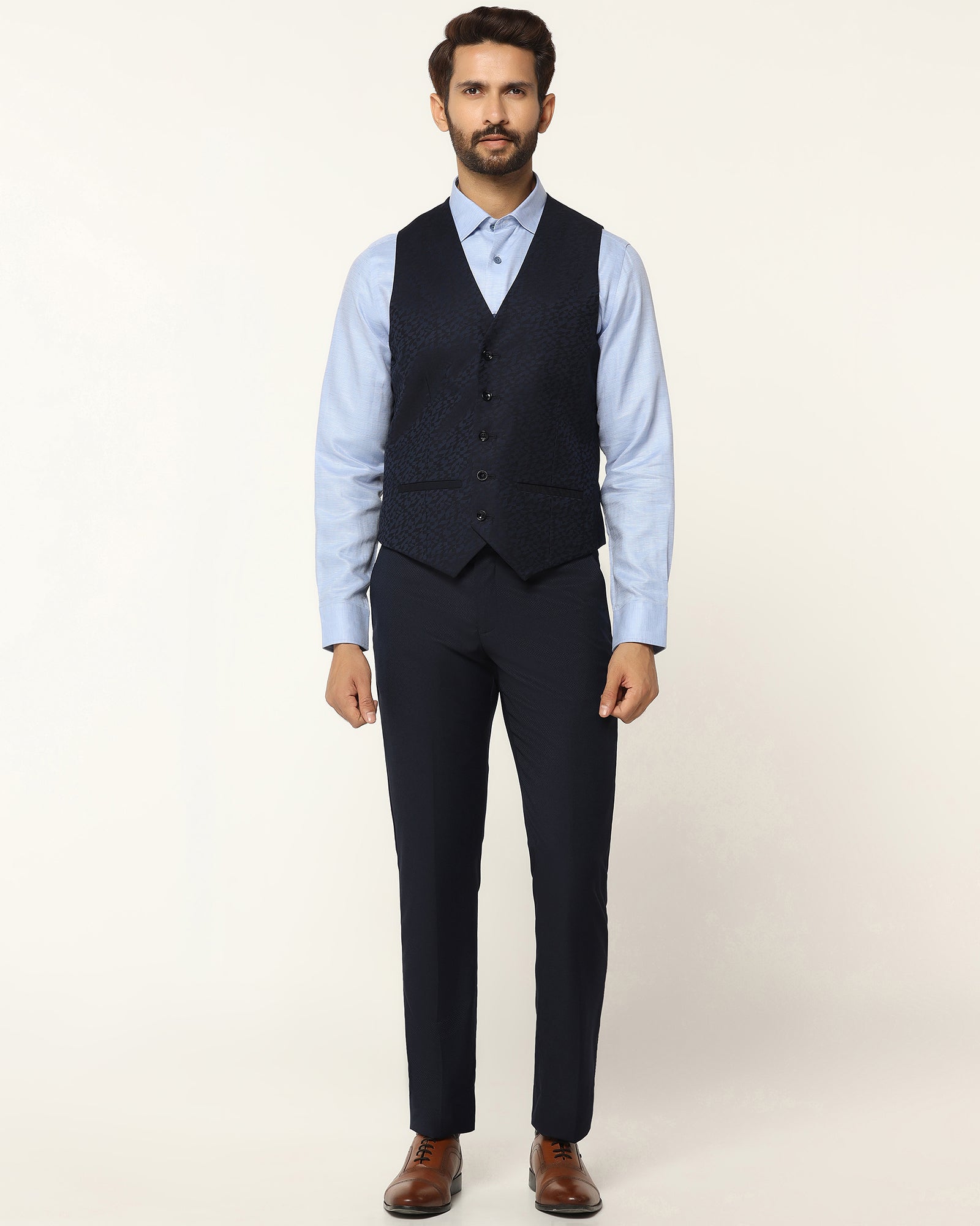 Luxe Three Piece Navy Textured Formal Suit - Garcia