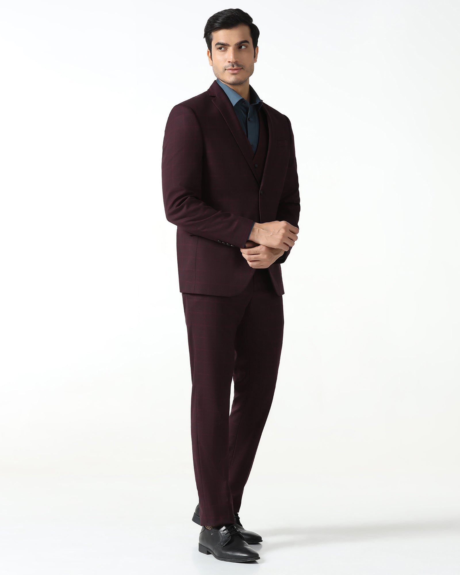 Maroon Three Piece Check Suit - Qester