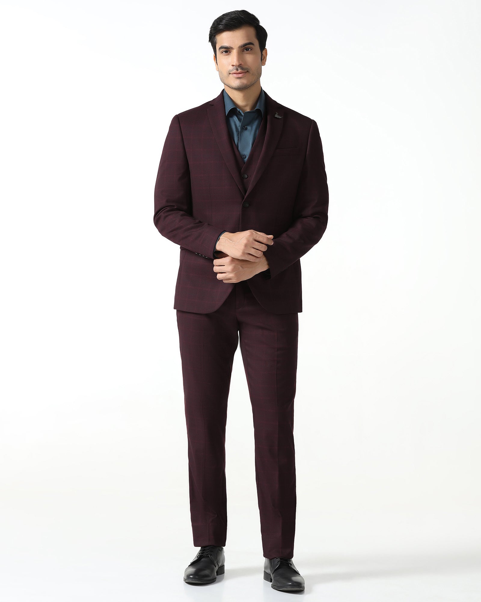 Maroon Three Piece Check Suit - Qester