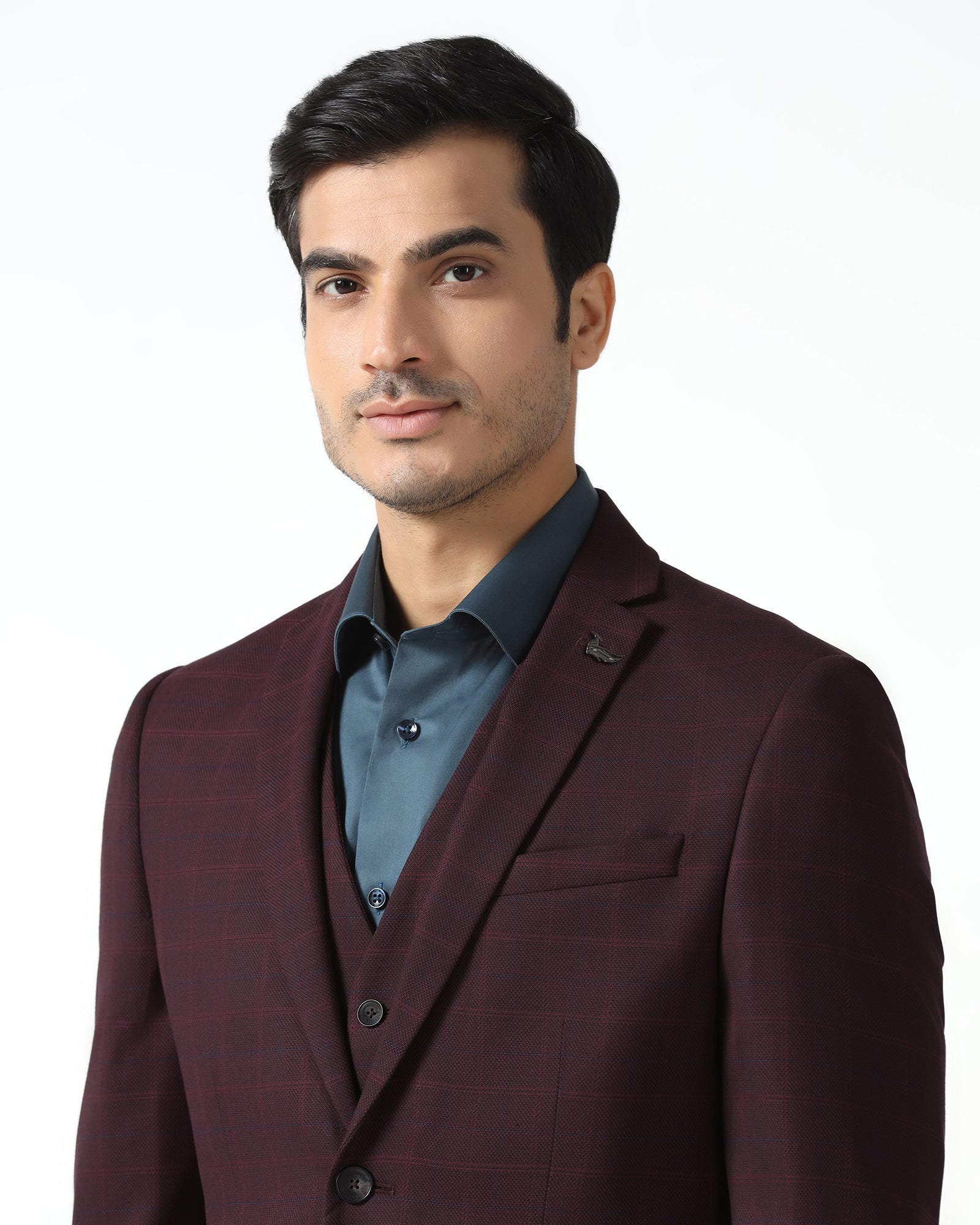 Maroon Three Piece Check Suit - Qester