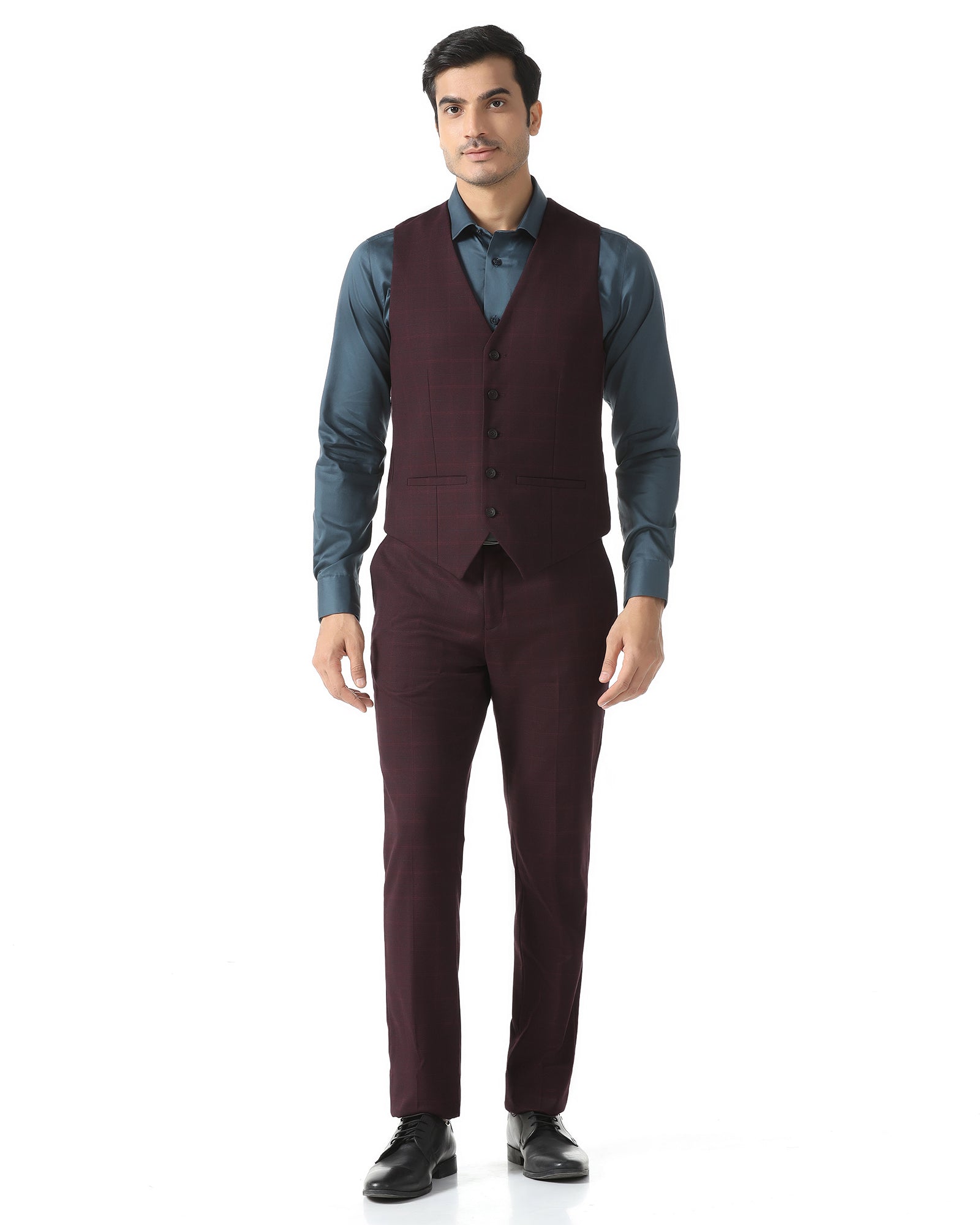 Maroon Three Piece Check Suit - Qester
