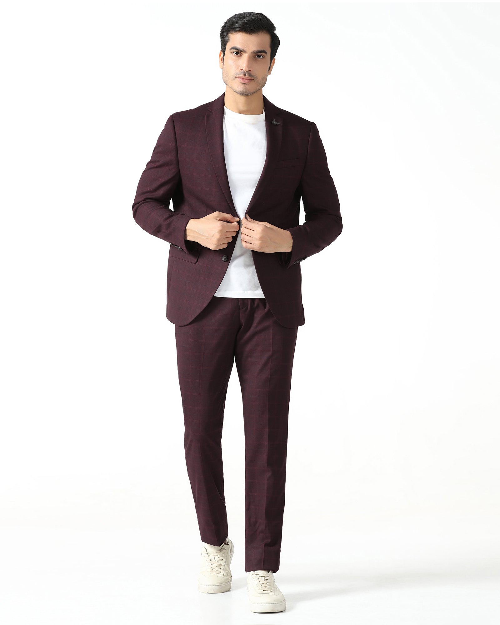 Maroon Three Piece Check Suit - Qester