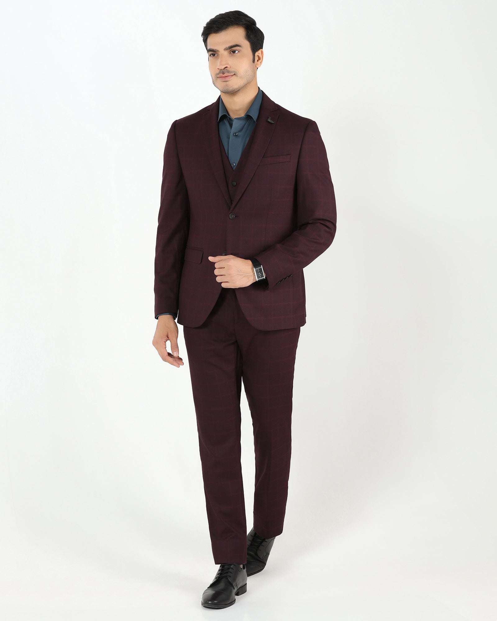 Maroon Three Piece Check Suit - Qester