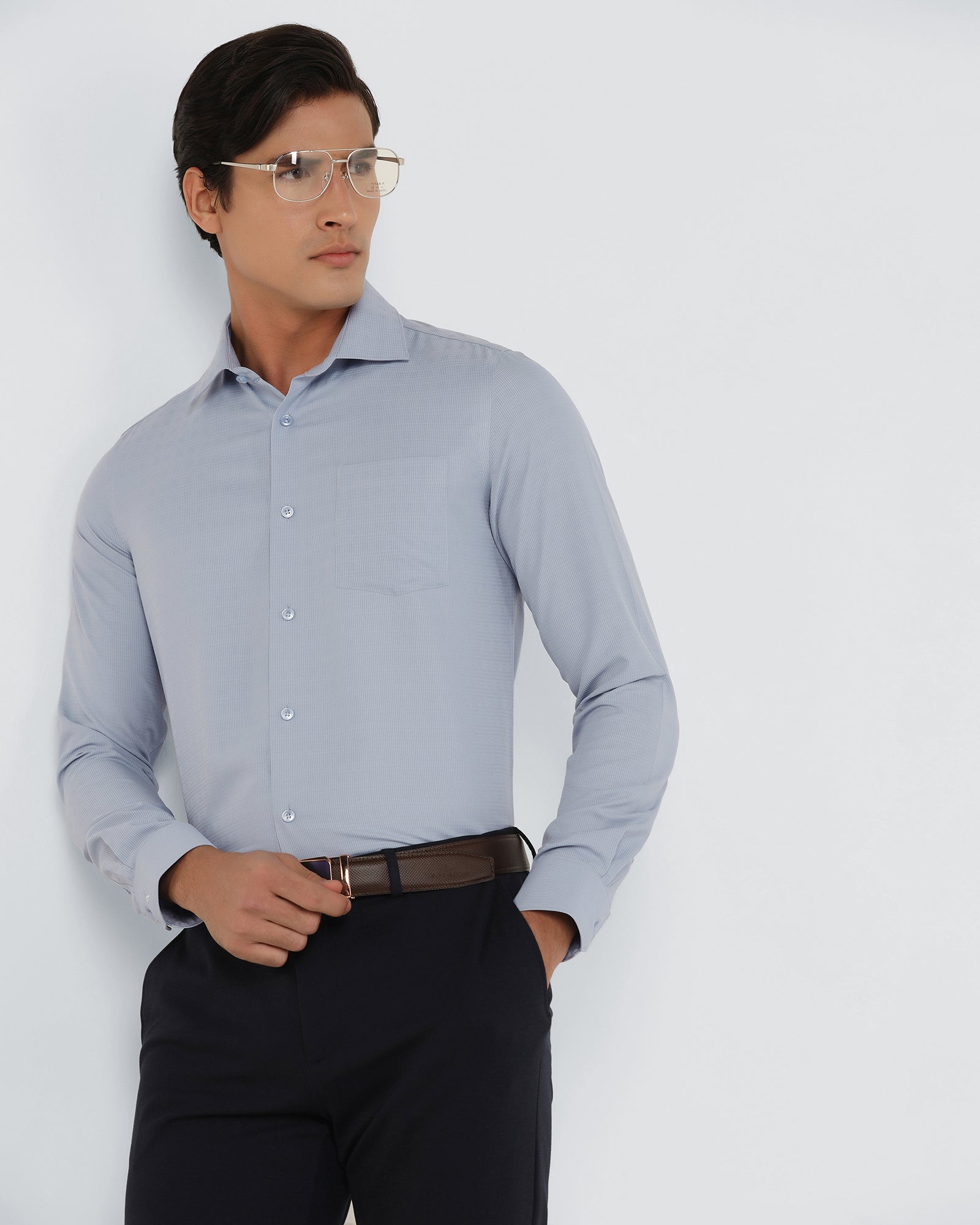 Mid Blue Non Iron Textured Shirt - Reform E
