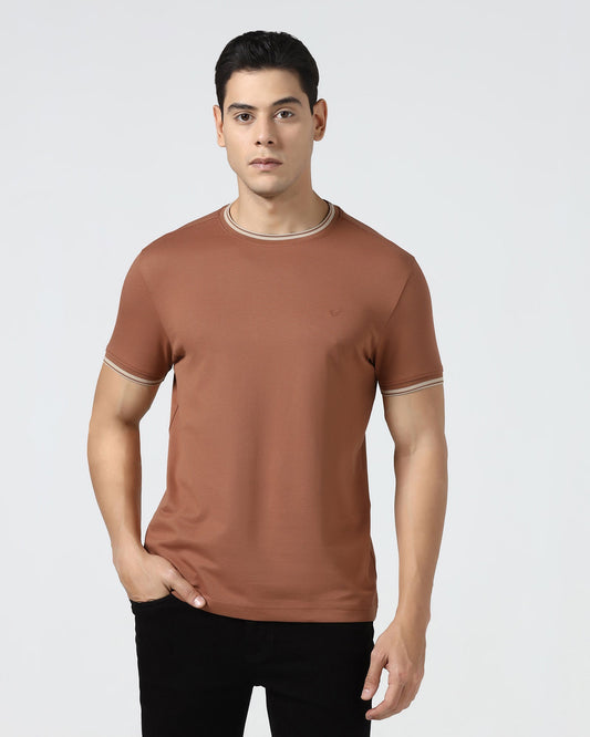 Mid Brown Crew Neck Textured T-Shirt - Doloras
