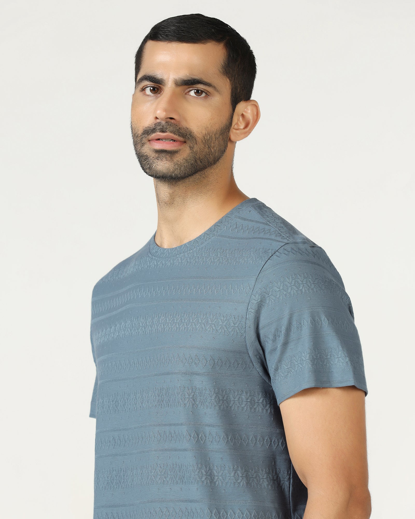 Mid Blue Crew Neck Textured T-Shirt - Lep
