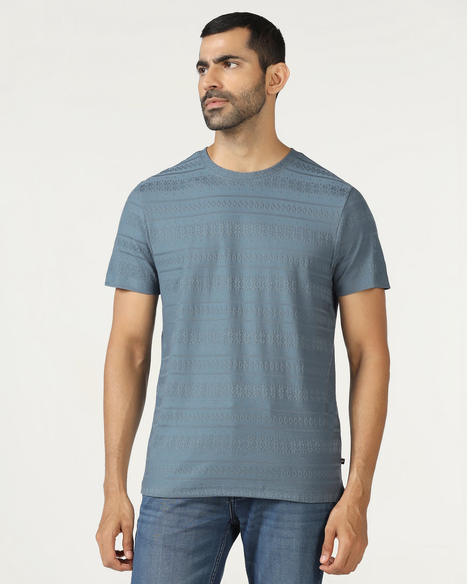 Mid Blue Crew Neck Textured T-Shirt - Lep