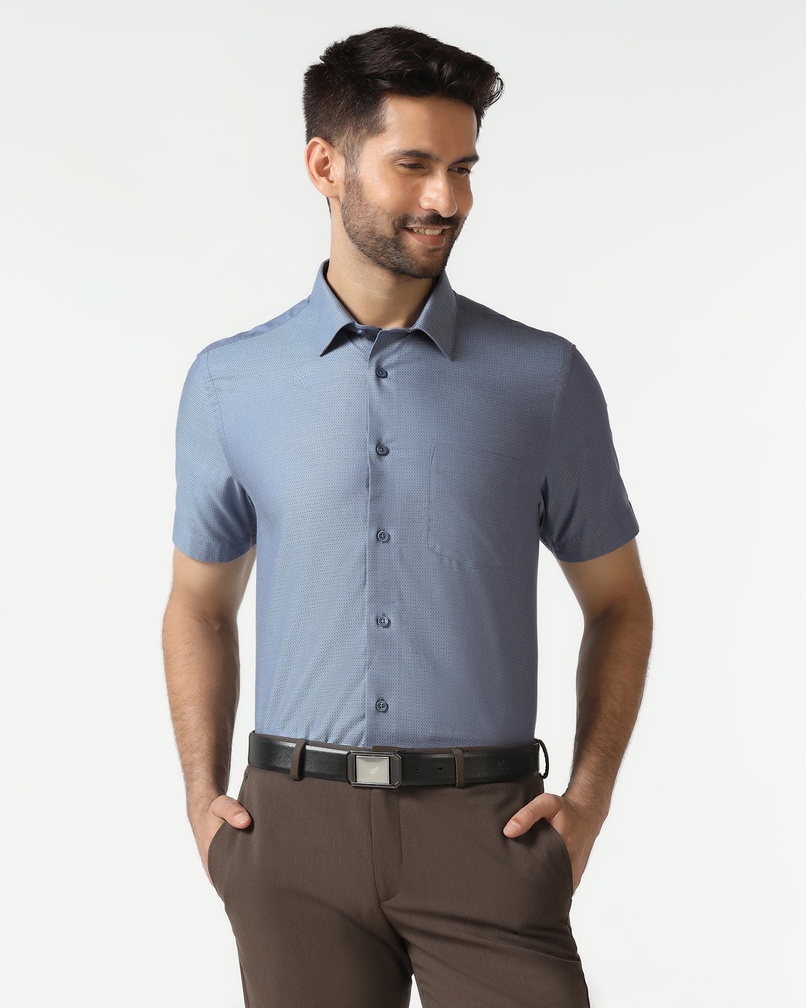 Mid Blue Half Sleeve Textured Shirt - Zander
