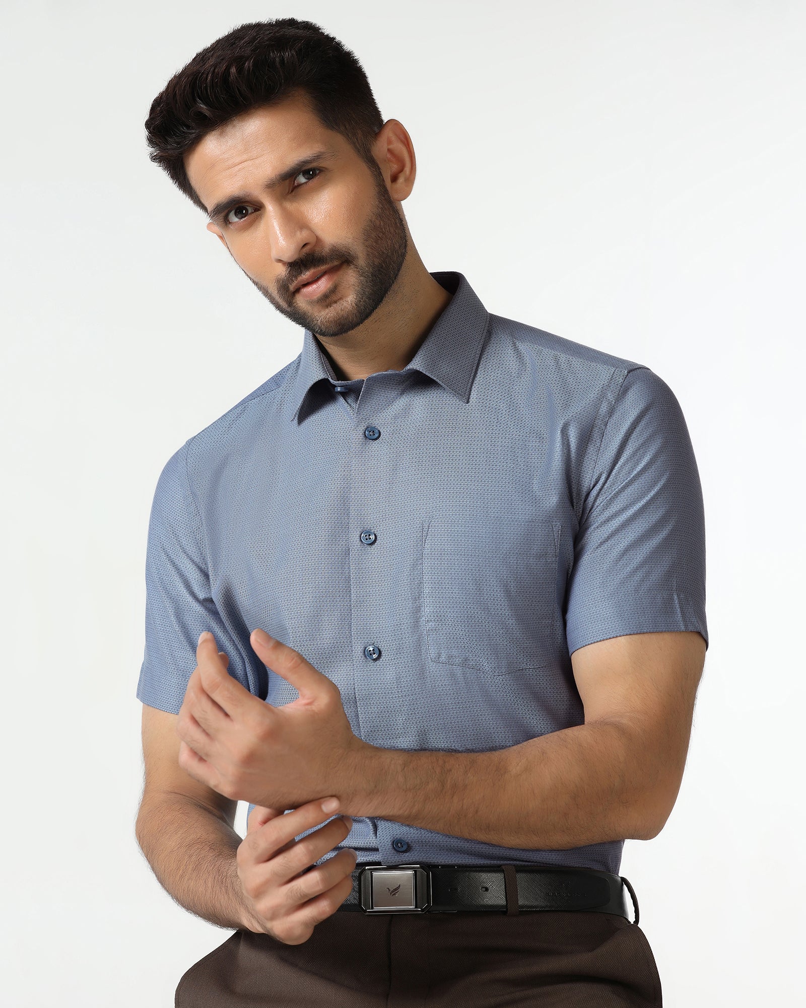 Mid Blue Half Sleeve Textured Shirt - Zander