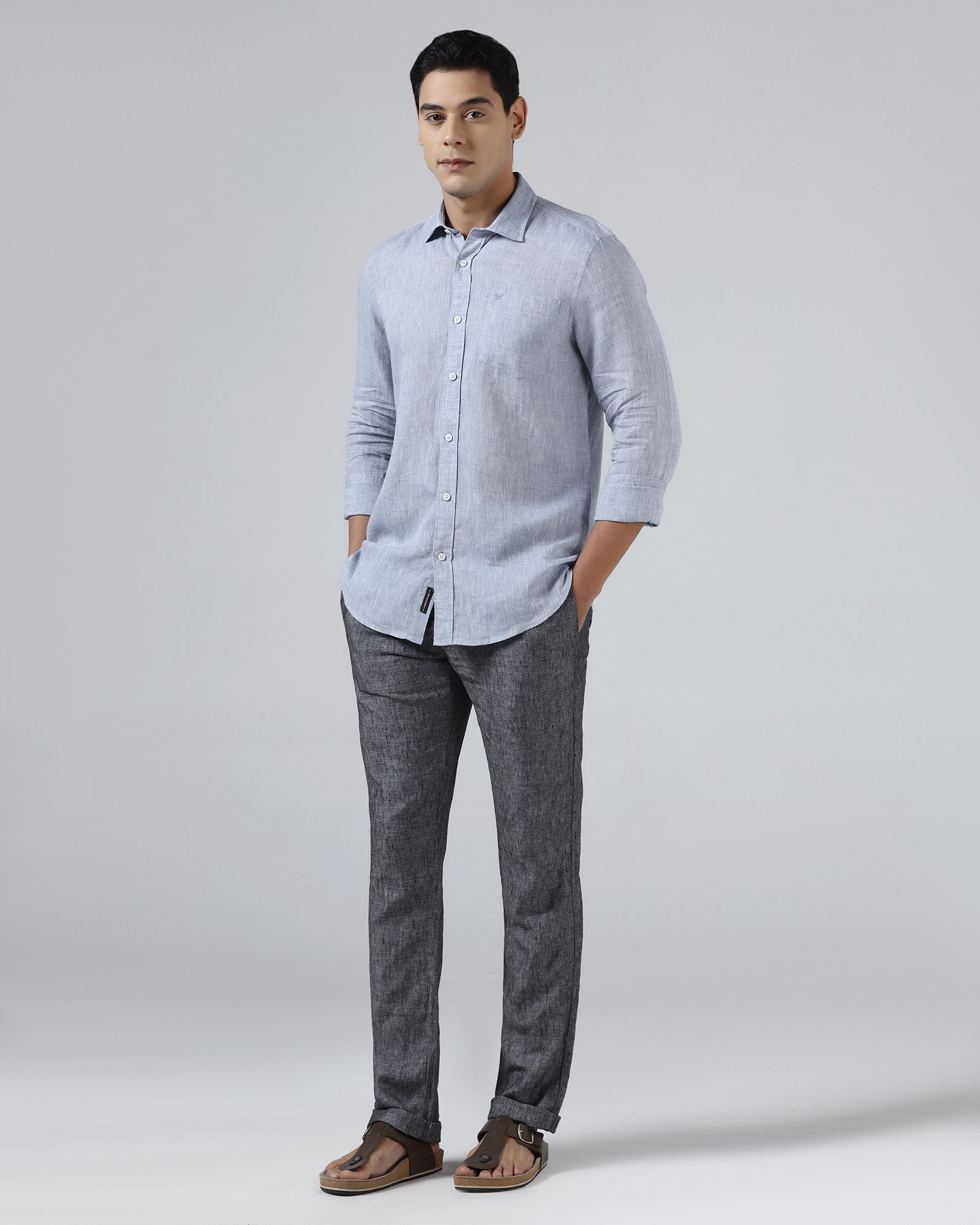 Mid Blue Linen Solid Shirt - Stelo