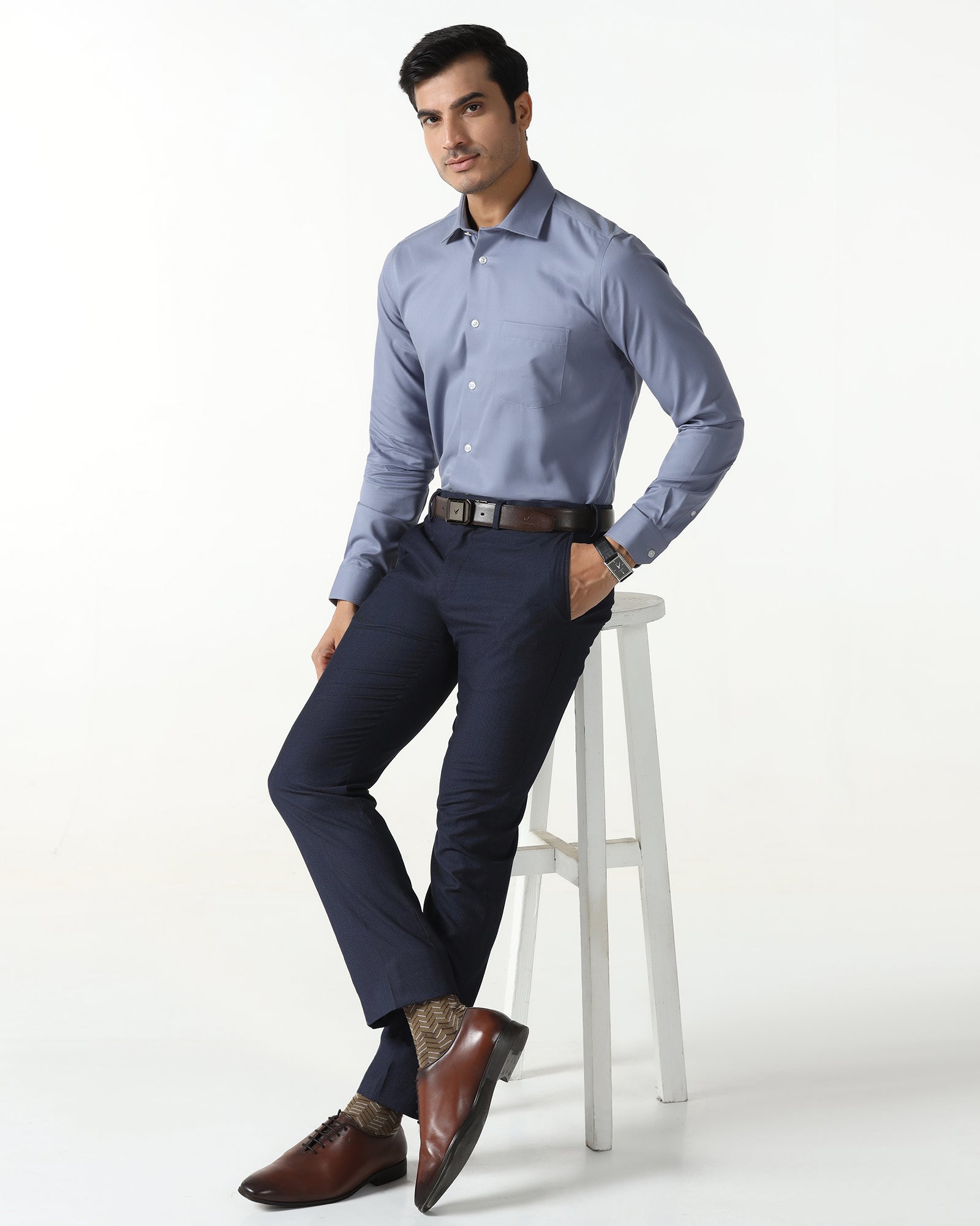 Mid Blue Non Iron Textured Shirt - P31