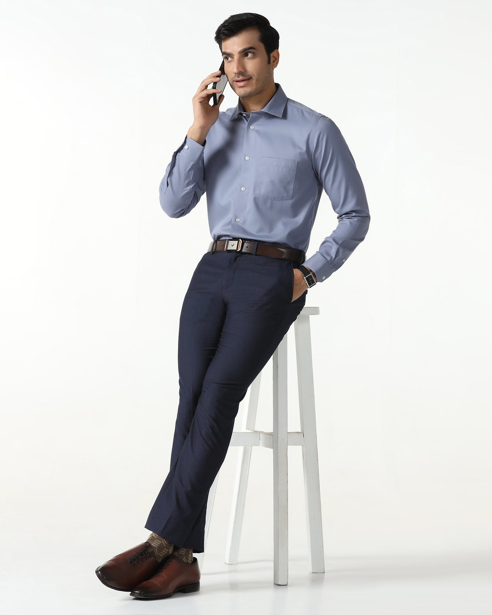 Mid Blue Non Iron Textured Shirt - P31