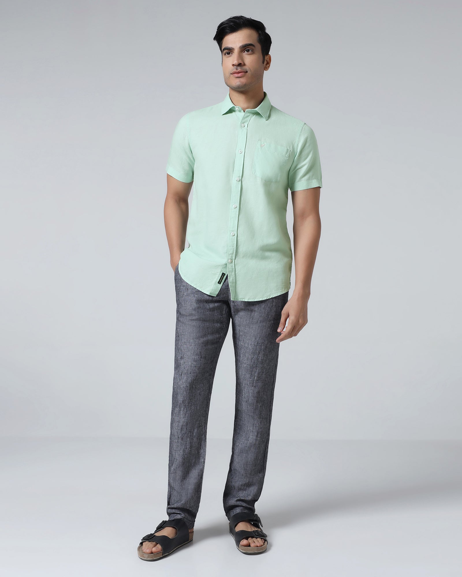 Mint Half Sleeve Linen Solid Shirt - Cleo