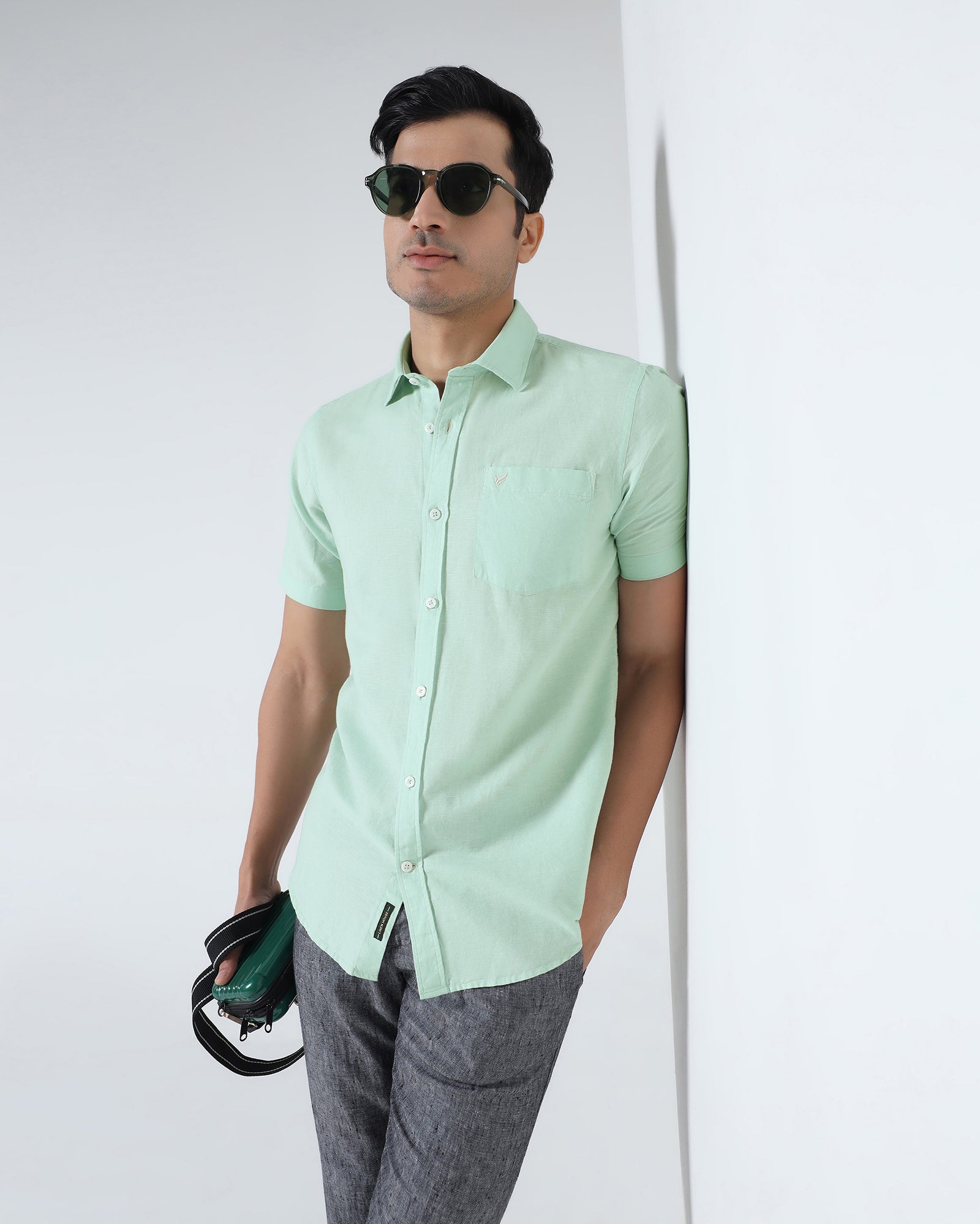 Mint Half Sleeve Linen Solid Shirt - Cleo