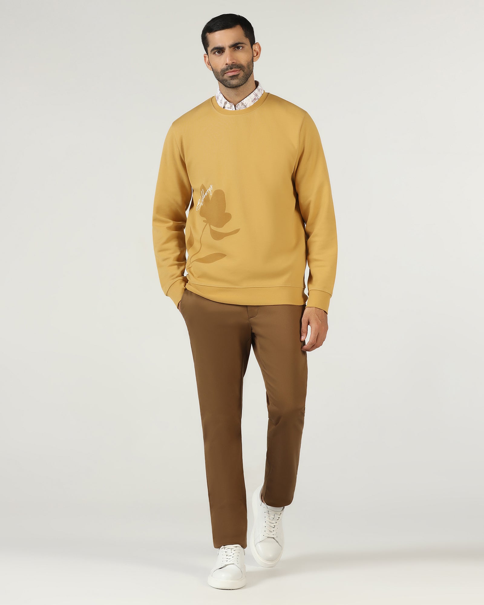 Mustard Crew Neck Solid Sweatshirt - Eve