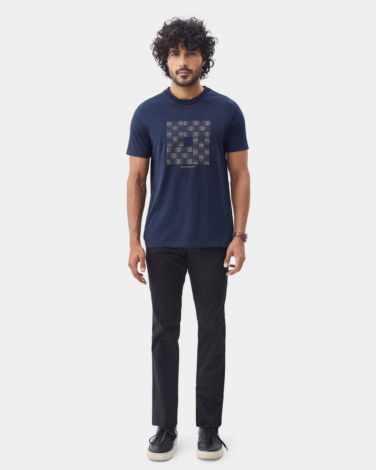 Navy Crew Neck Printed T-Shirt - Donbei