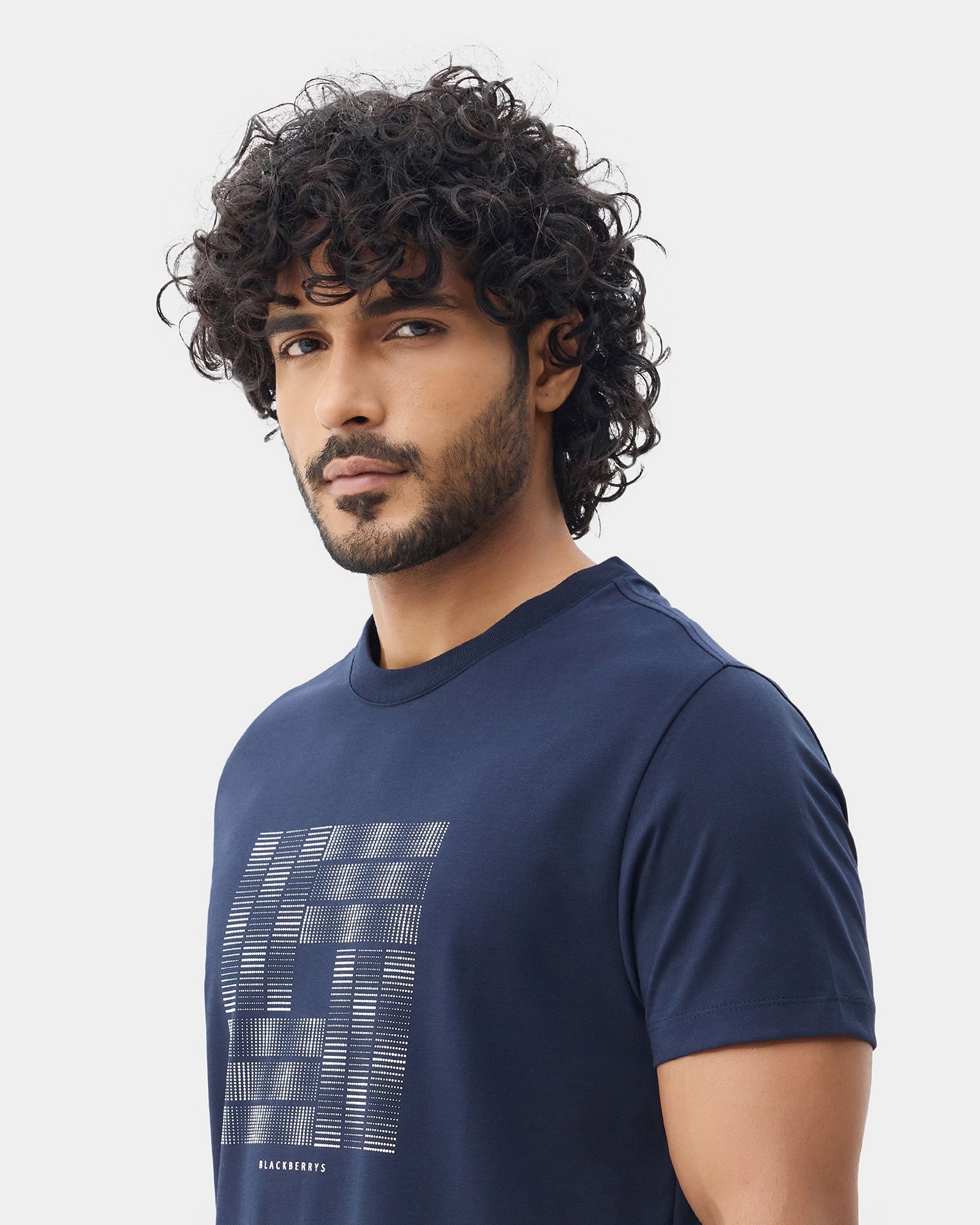 Navy Crew Neck Printed T-Shirt - Donbei
