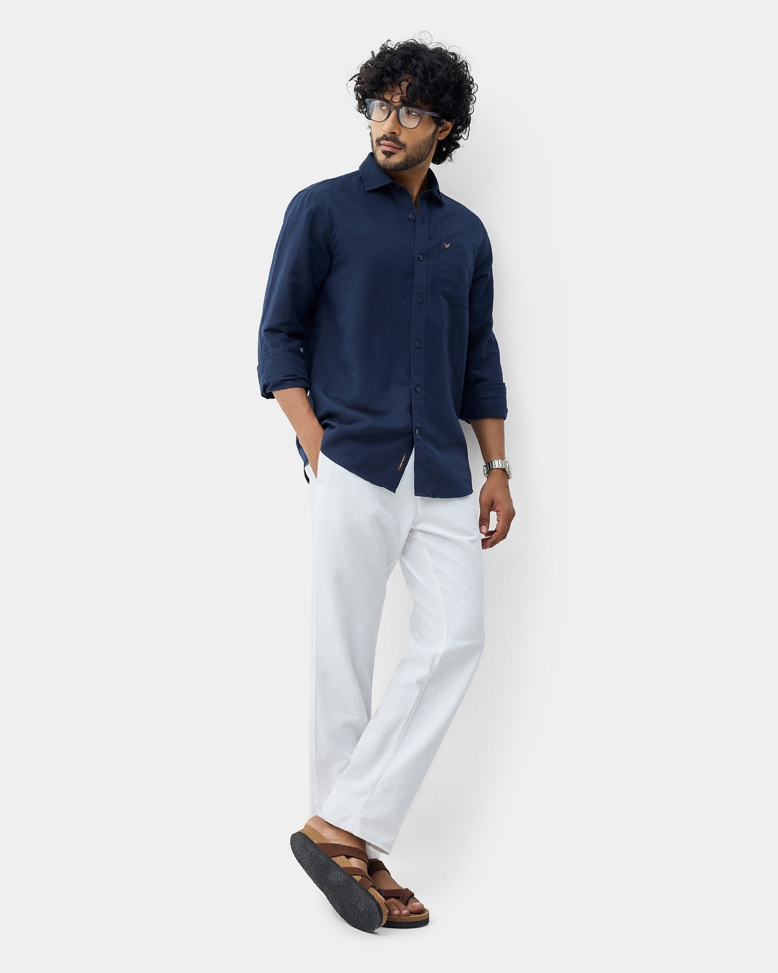 Navy Linen Solid Shirt - Cleo
