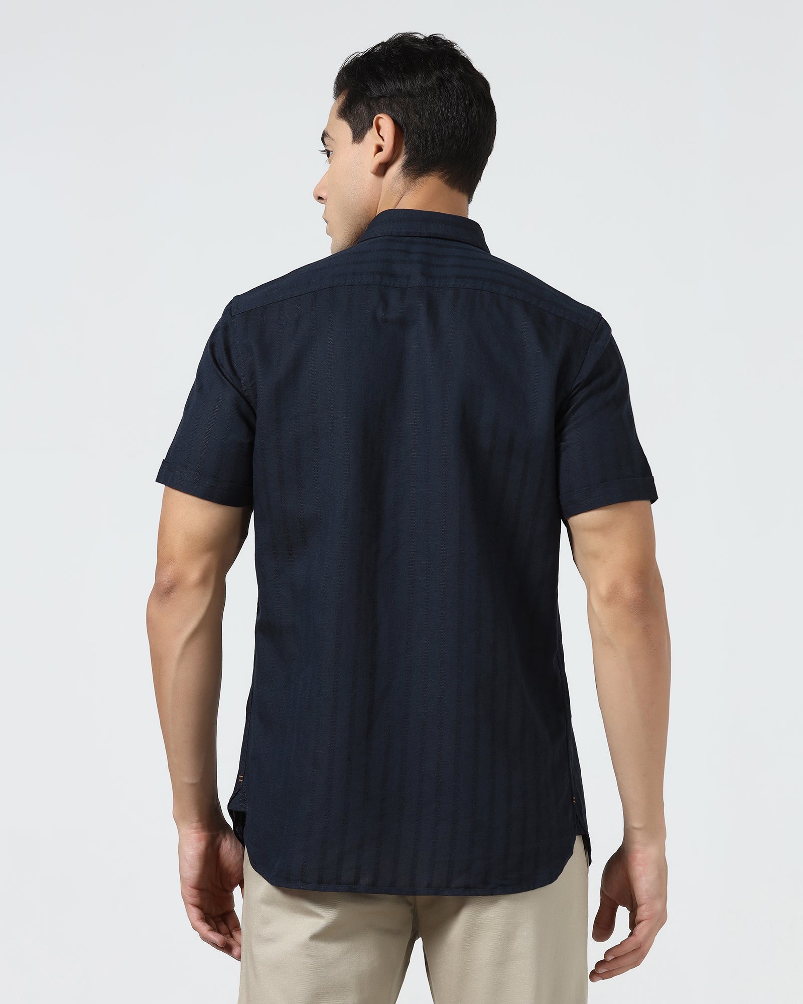 Navy Half Sleeve Linen Stripe Shirt - Sanhok