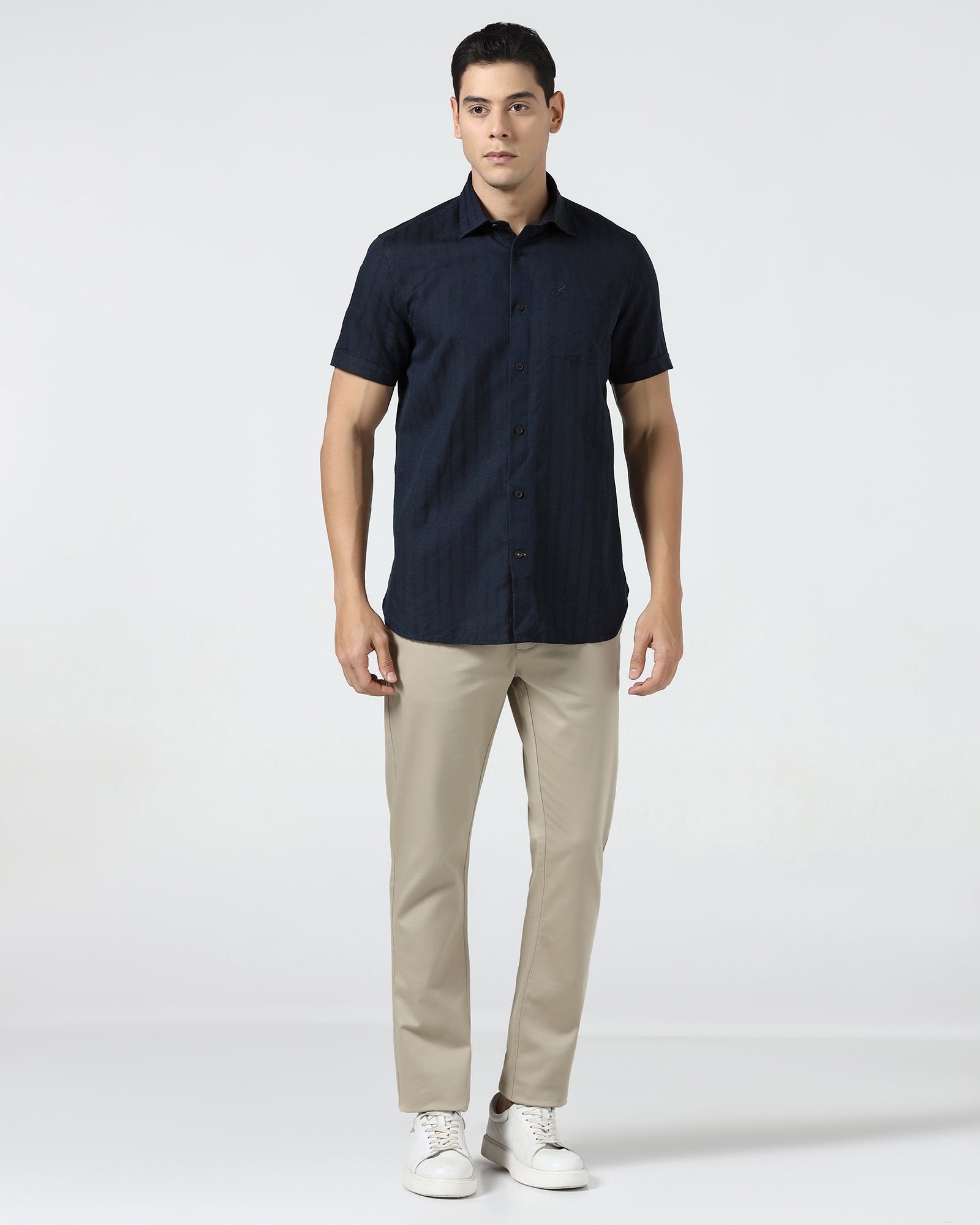 Navy Half Sleeve Linen Stripe Shirt - Sanhok