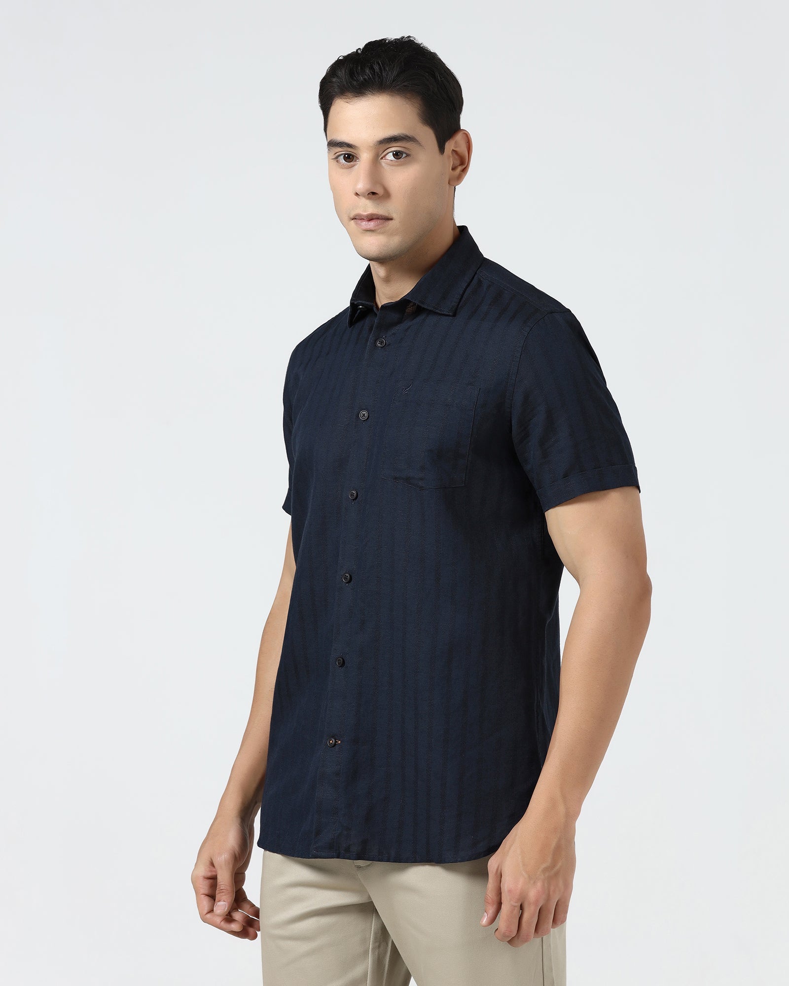 Navy Half Sleeve Linen Stripe Shirt - Sanhok