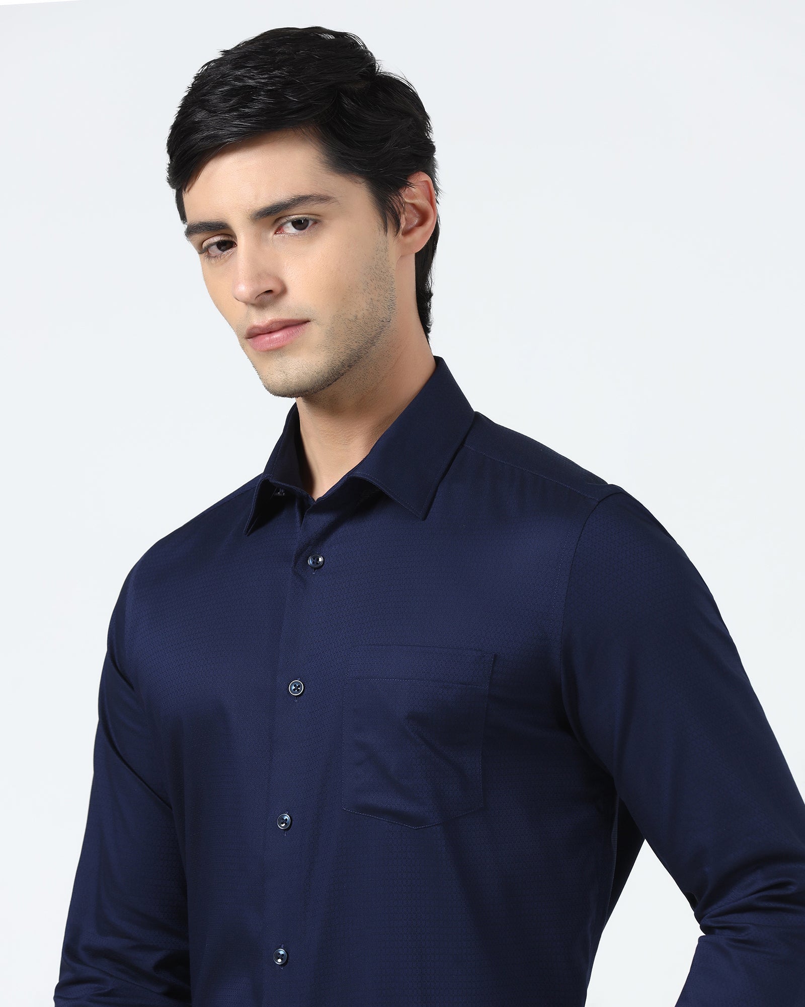 Navy Non Iron Textured Shirt - Emerald