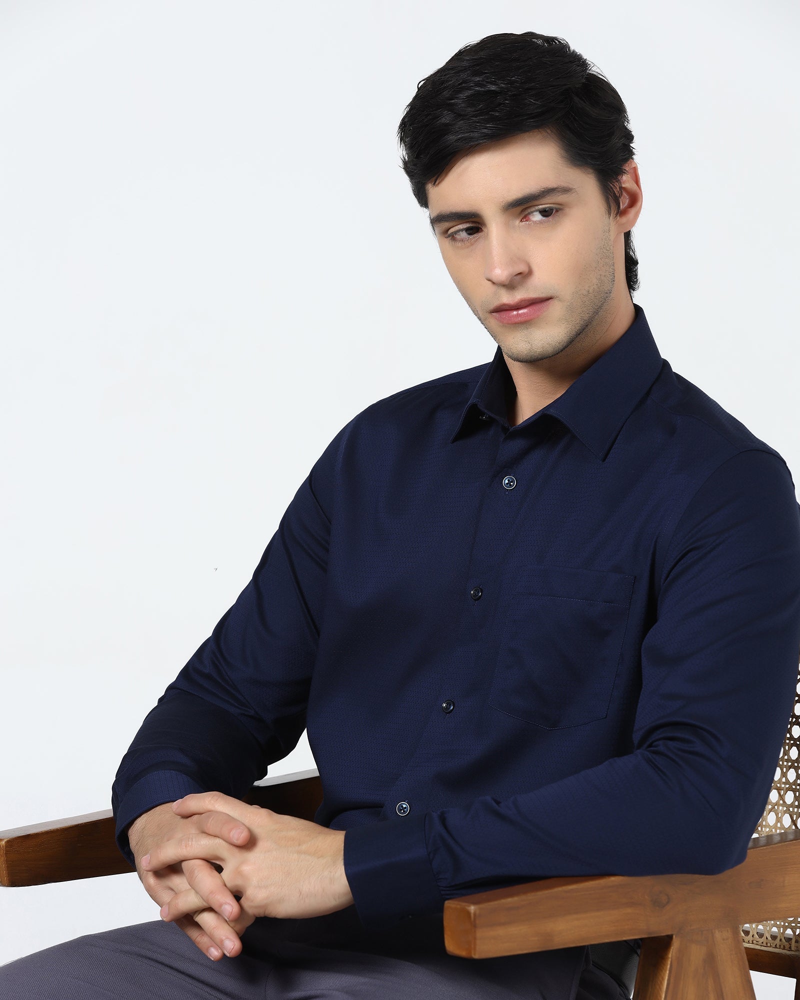 Navy Non Iron Textured Shirt - Emerald