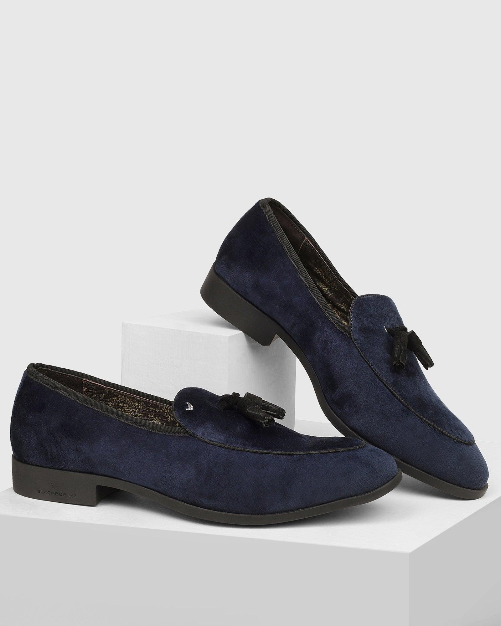 Velvet Navy Textured Slip On Shoes - Mrinal - Blackberrys