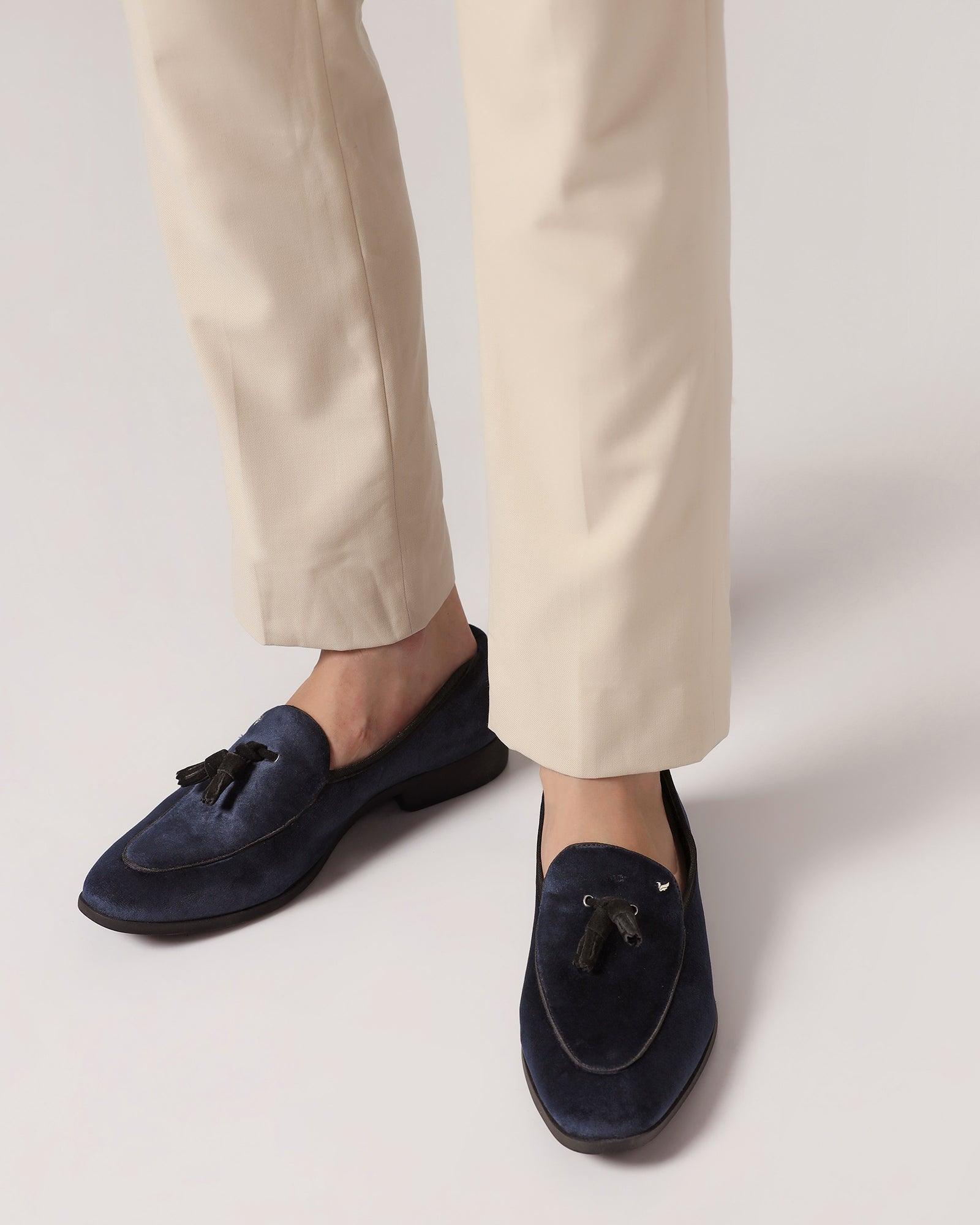 Velvet Navy Textured Slip On Shoes - Mrinal - Blackberrys