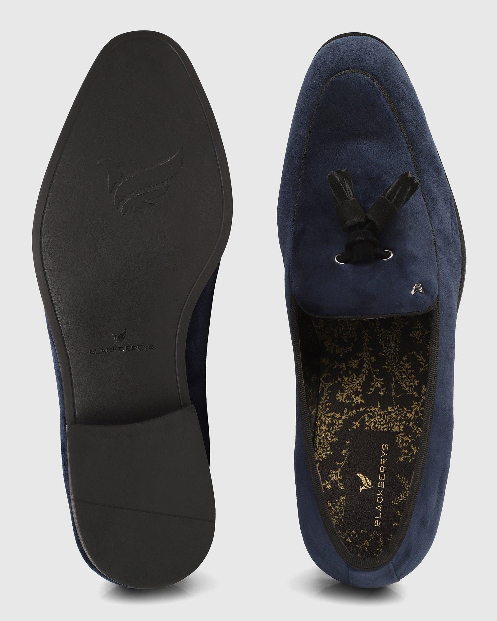 Velvet Navy Textured Slip On Shoes - Mrinal - Blackberrys