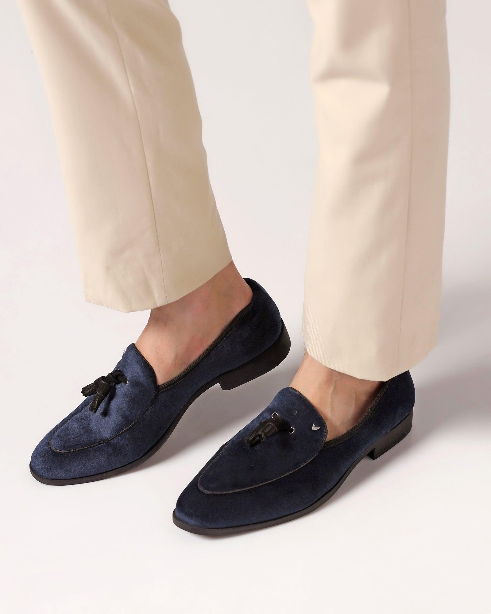 Velvet Navy Textured Slip On Shoes - Mrinal - Blackberrys
