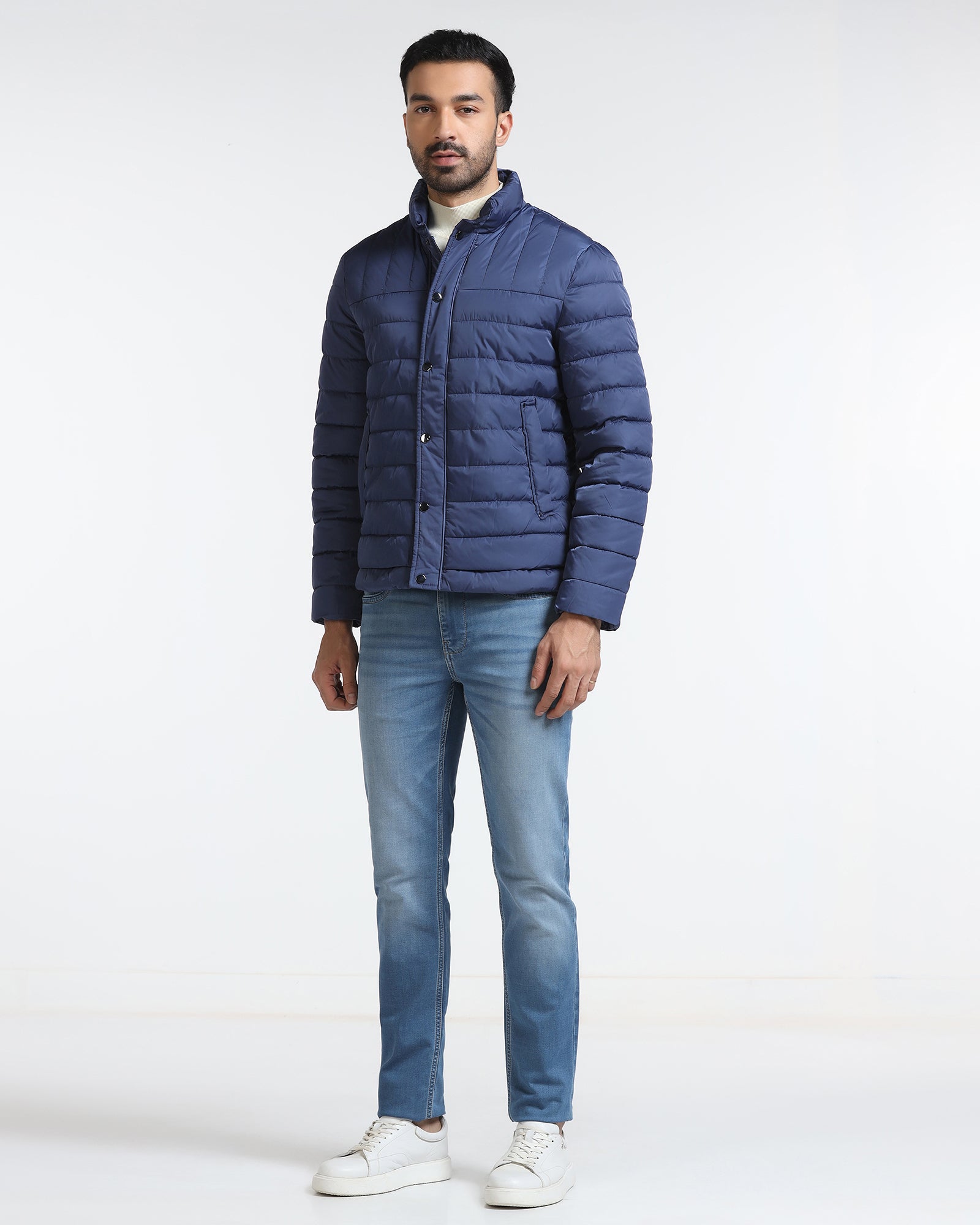 Navy Solid Zipper Jacket - Aproni