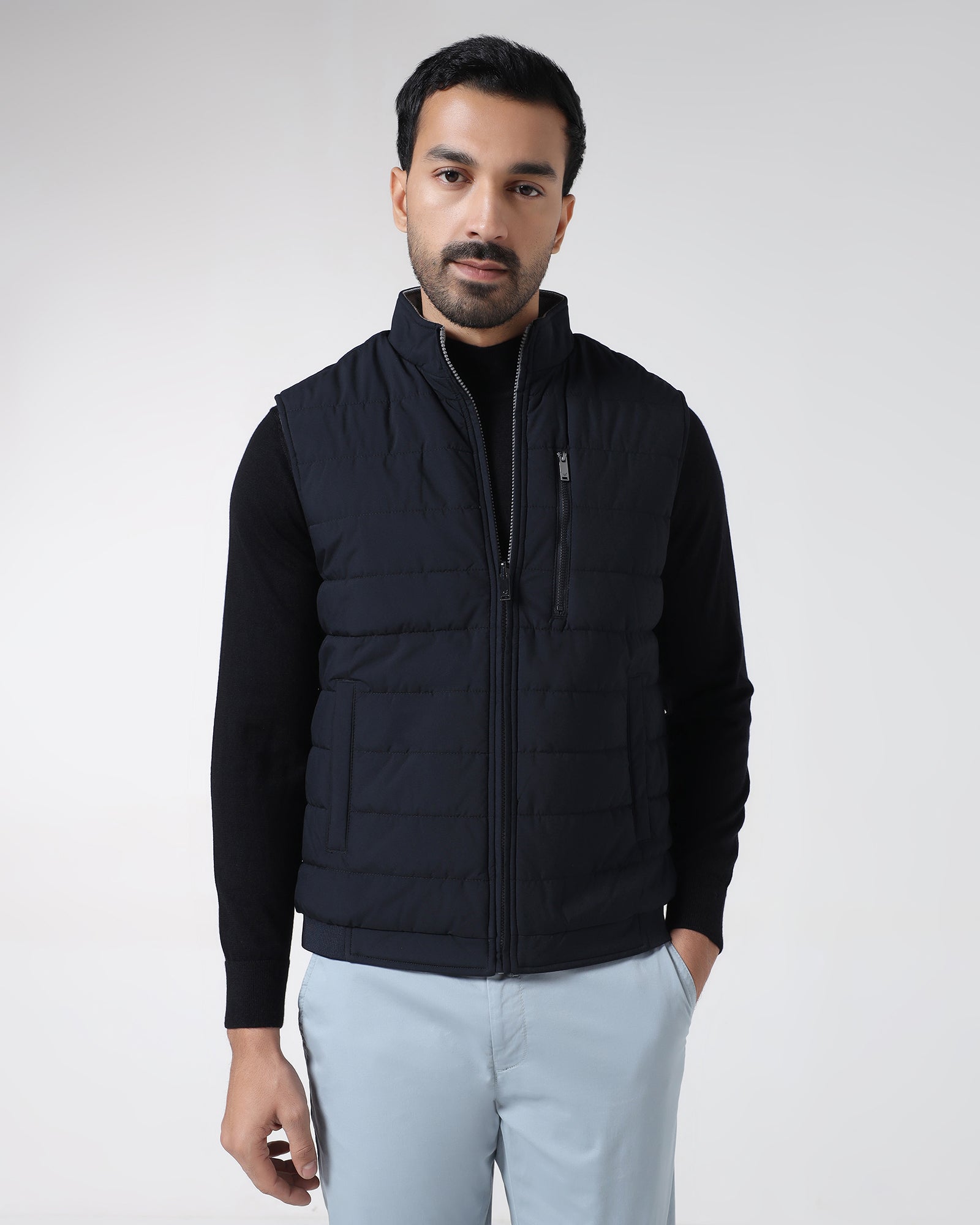 Navy Reversible Solid Zipper Jacket - Zietro