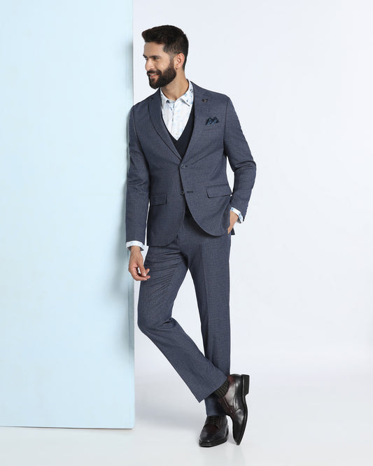 Navy Three Piece Textured Suit - Zyme