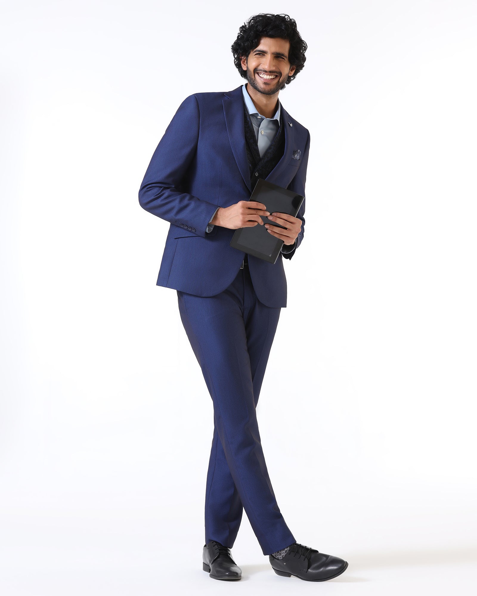 Navy Three Piece Textured Suit - Opto