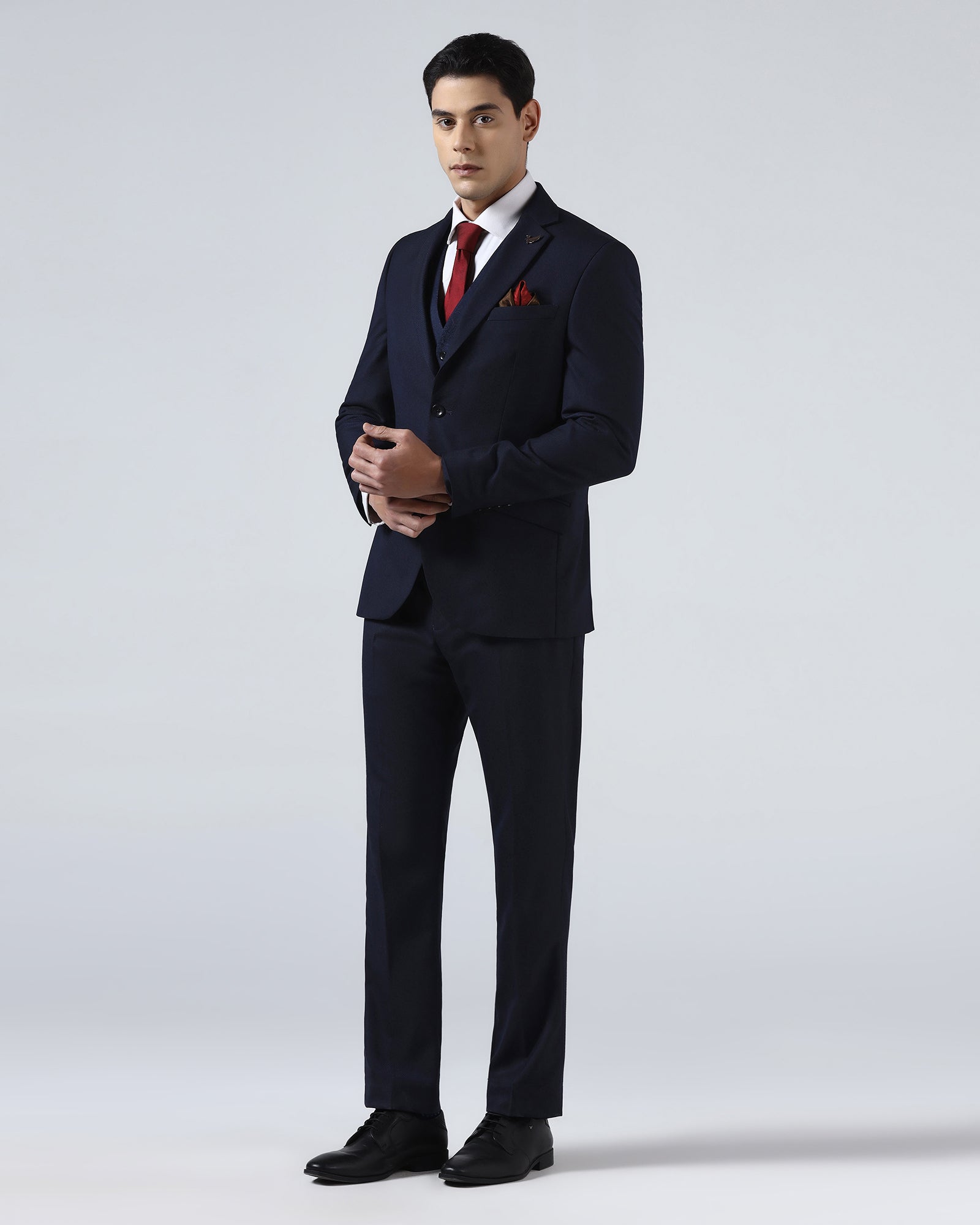 Navy Three Piece Textured Suit - Terrazo