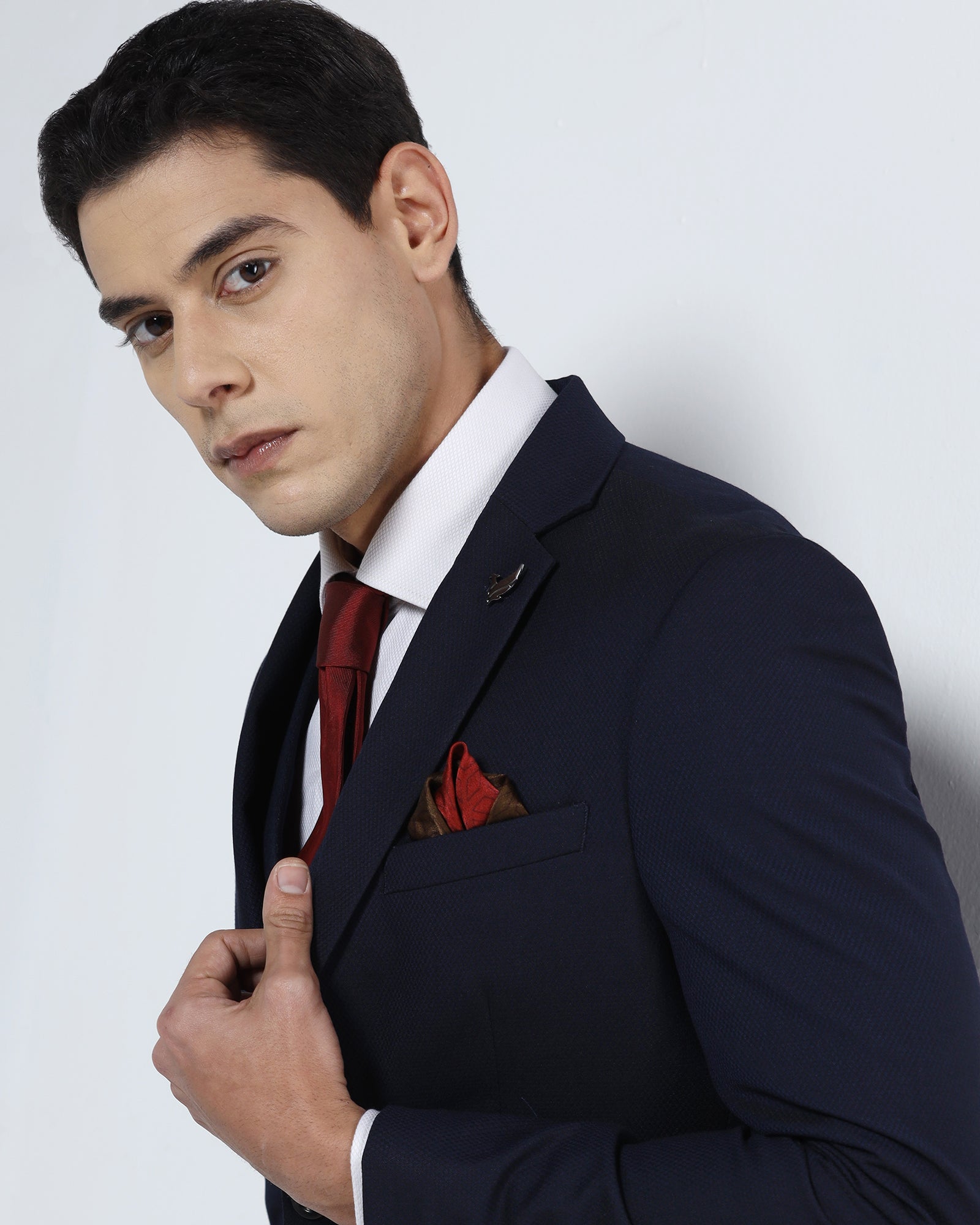 Navy Three Piece Textured Suit - Terrazo