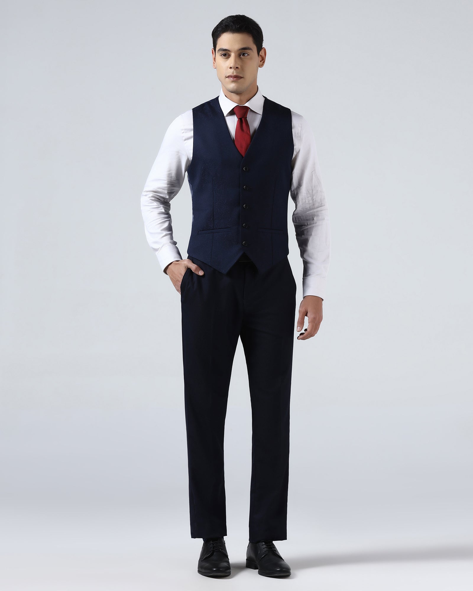 Navy Three Piece Textured Suit - Terrazo