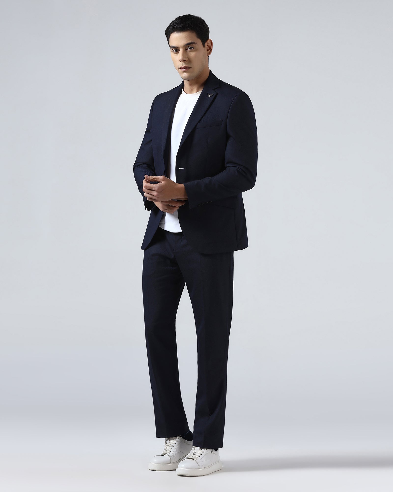 Navy Three Piece Textured Suit - Terrazo