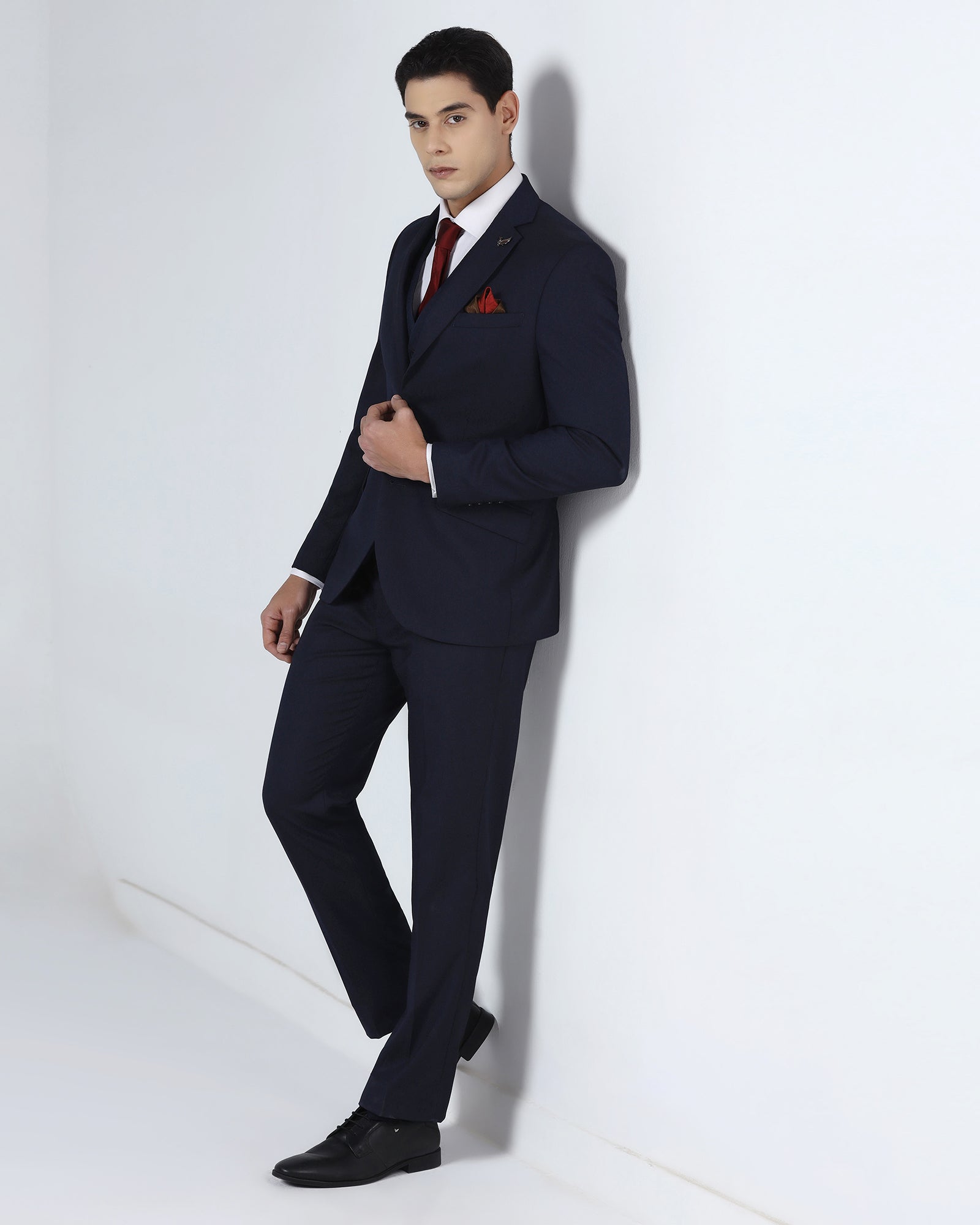 Navy Three Piece Textured Suit - Terrazo