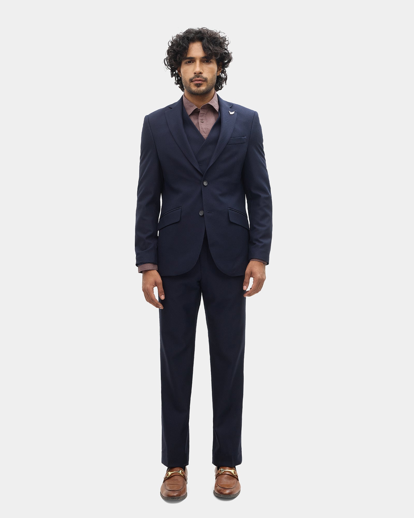 Navy Three Piece Textured Suit - Tristan