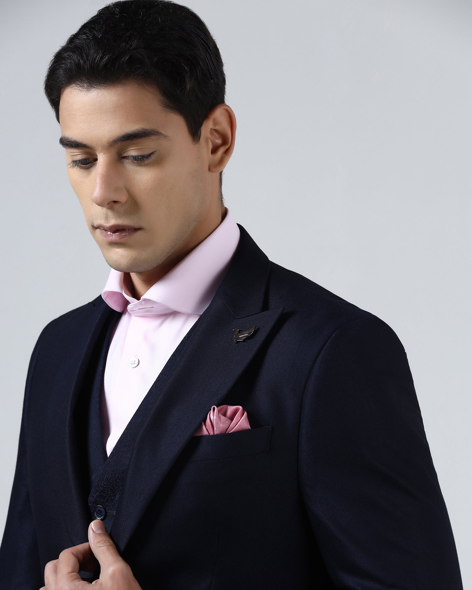 Navy Three Piece Textured Suit - Venmo