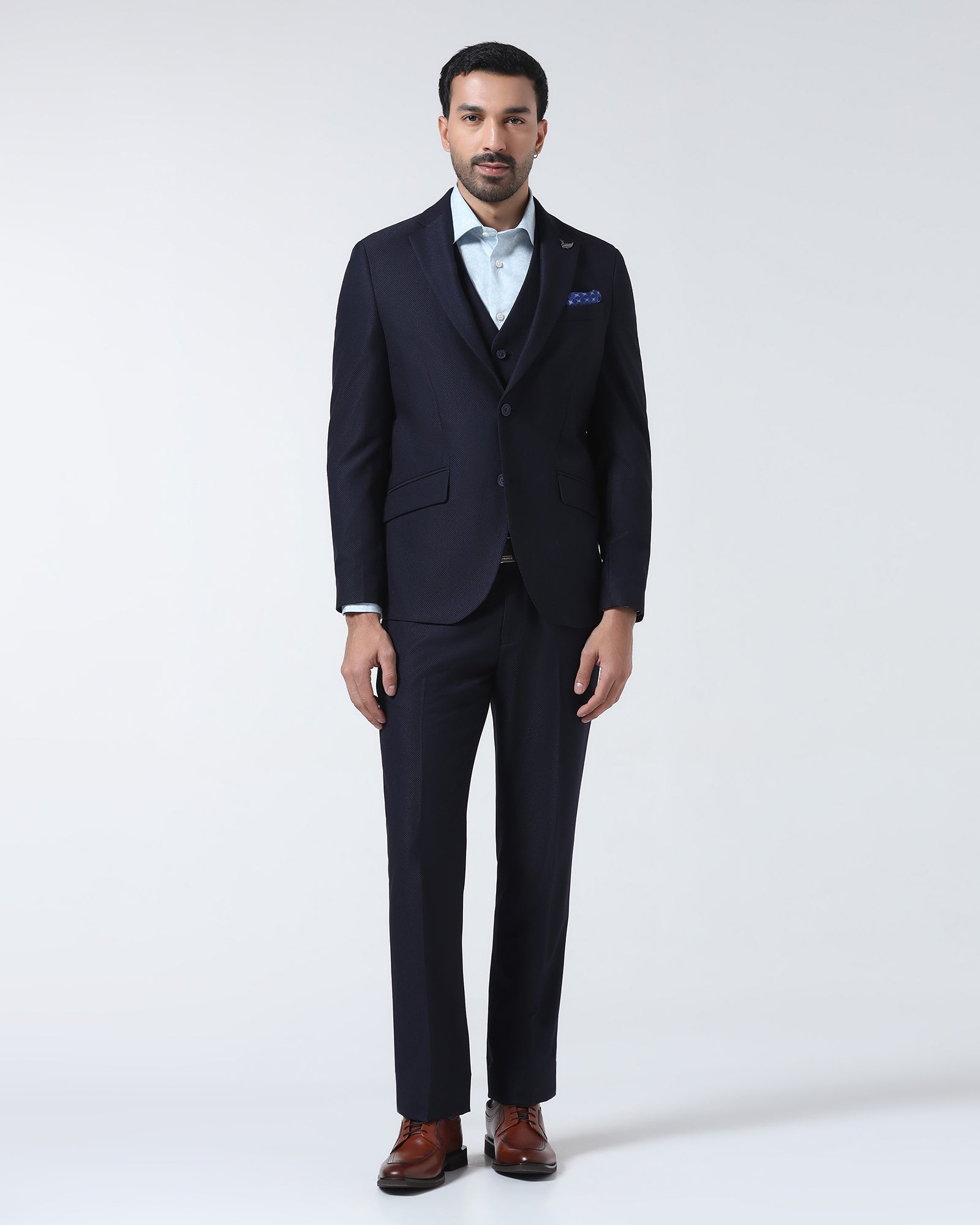 Navy Three Piece Textured Suit - Zeny