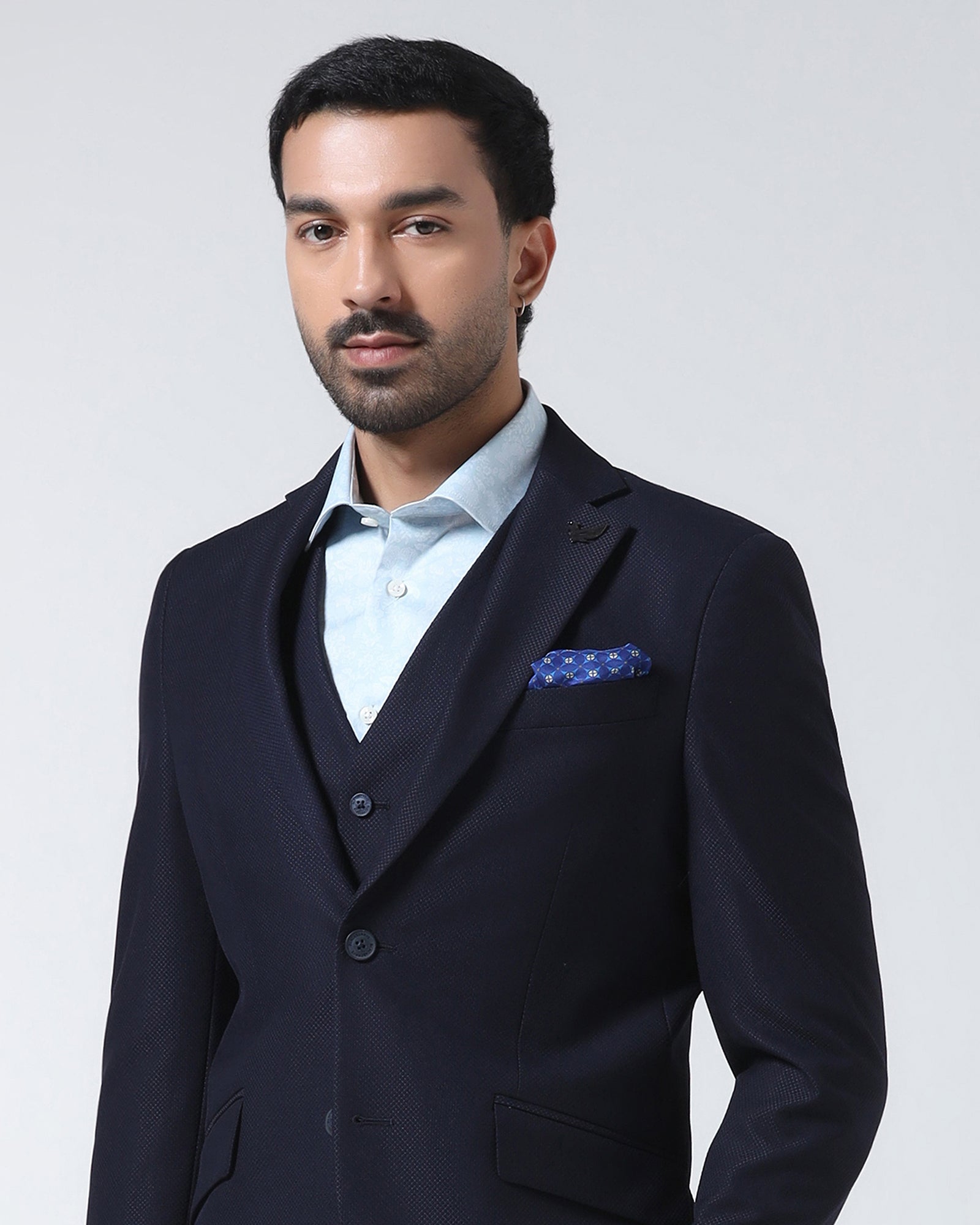 Navy Three Piece Textured Suit - Zeny