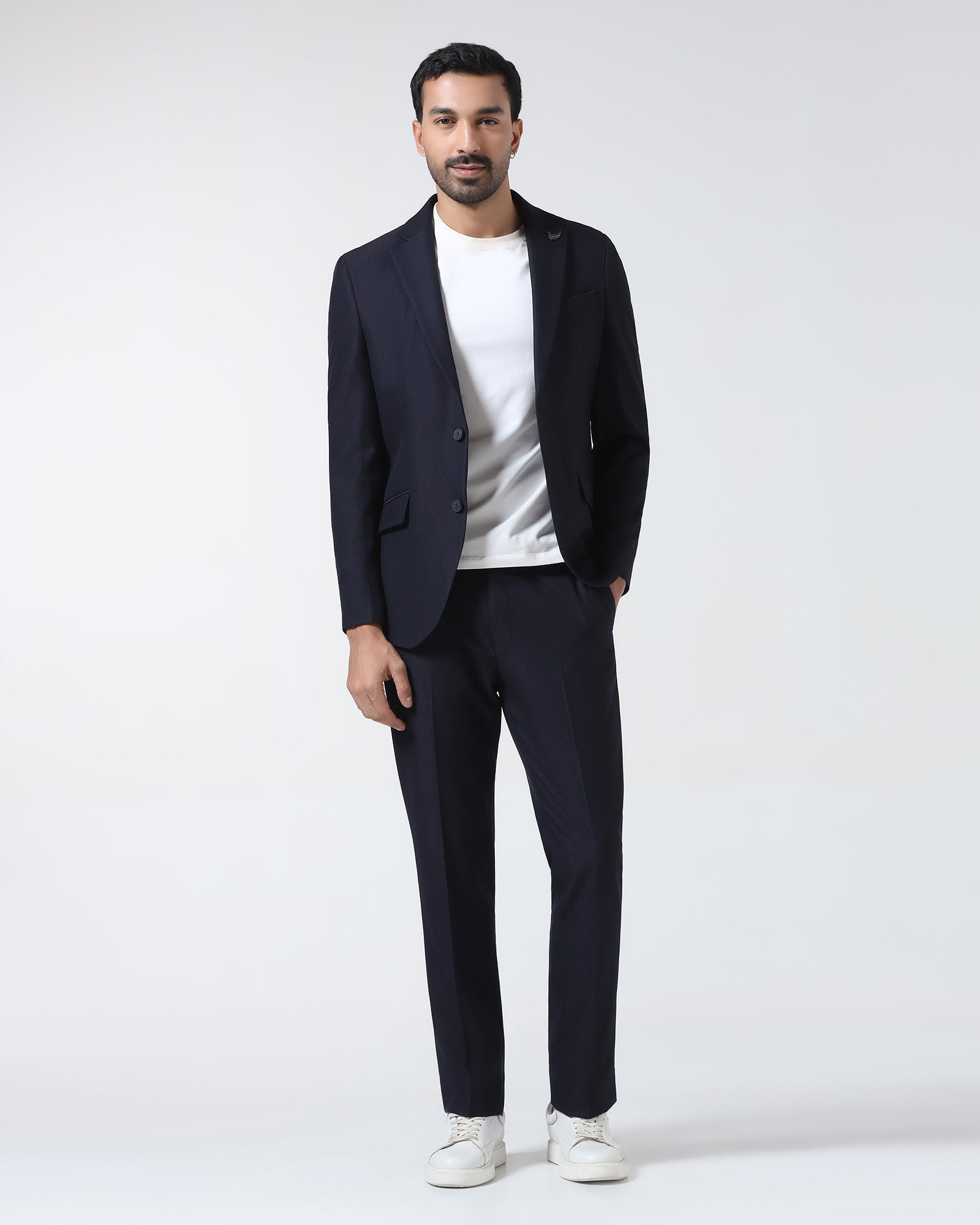 Navy Three Piece Textured Suit - Zeny