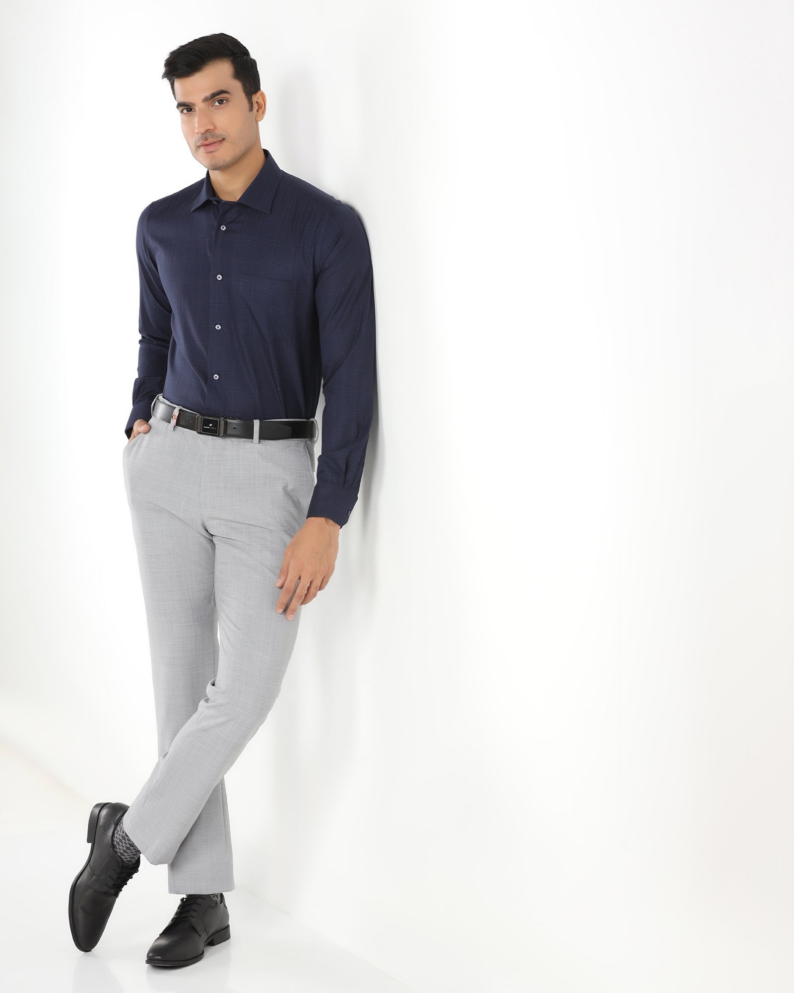 Non Iron Formal Navy Check Shirt - Wolf