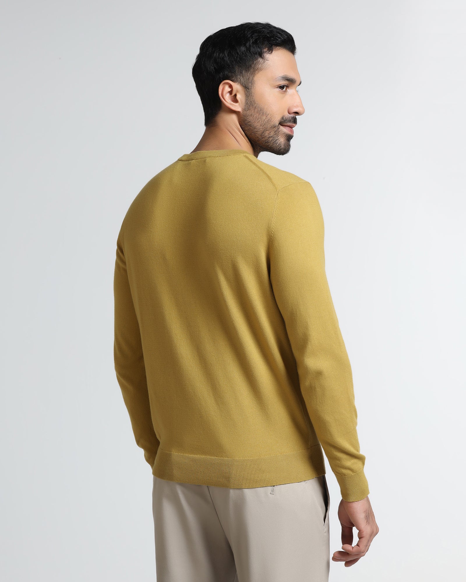 Ochre Yellow Crew Neck Solid Sweater - Mario